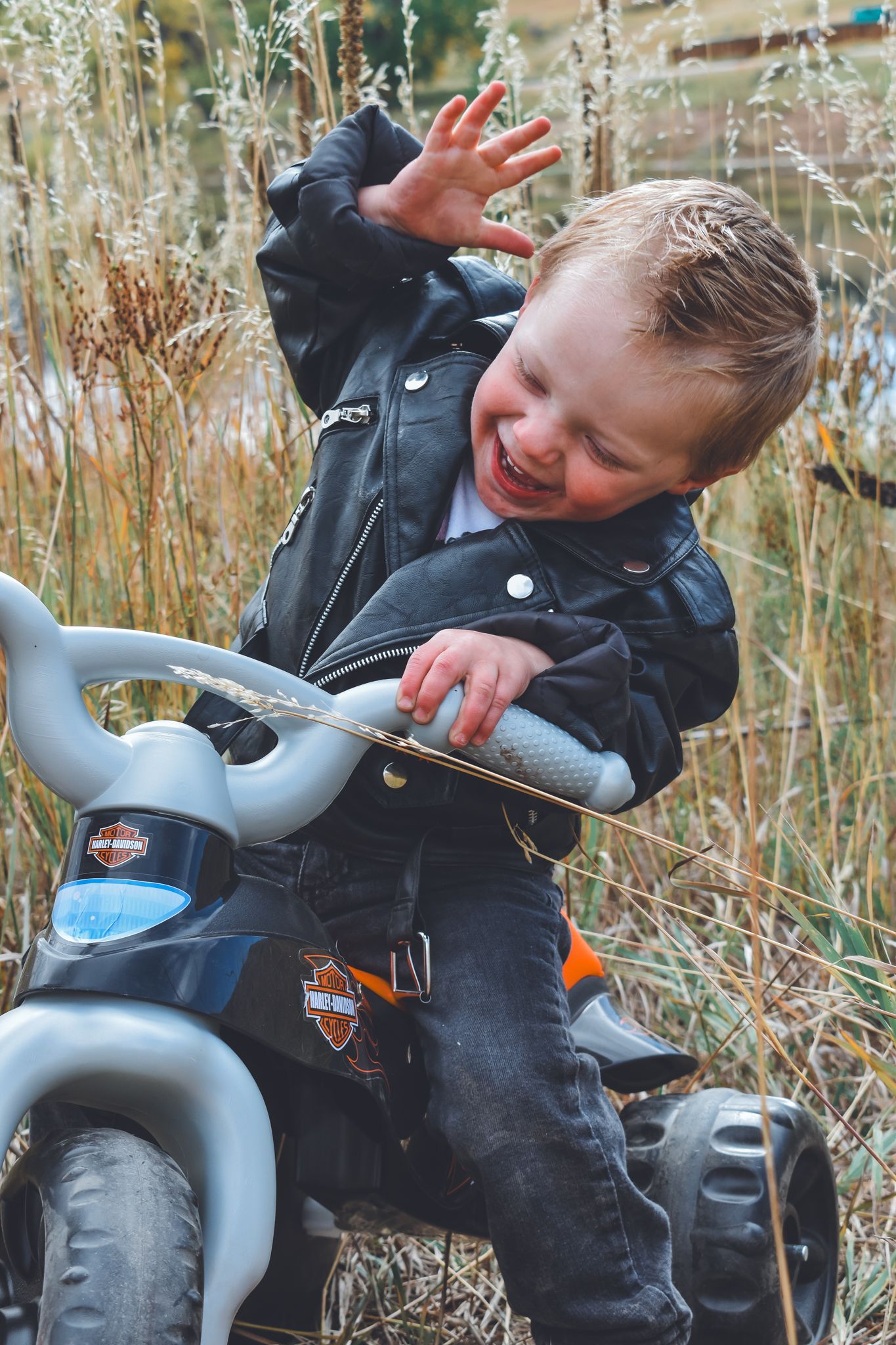 Excited toddler in leather jacket playing on Harley-Davidson toy motorcycle in tall grass.
