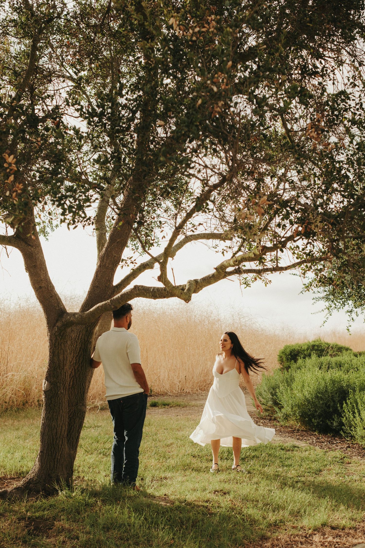 Woman in white dress running toward man under a sprawling oak tree in a golden meadow.