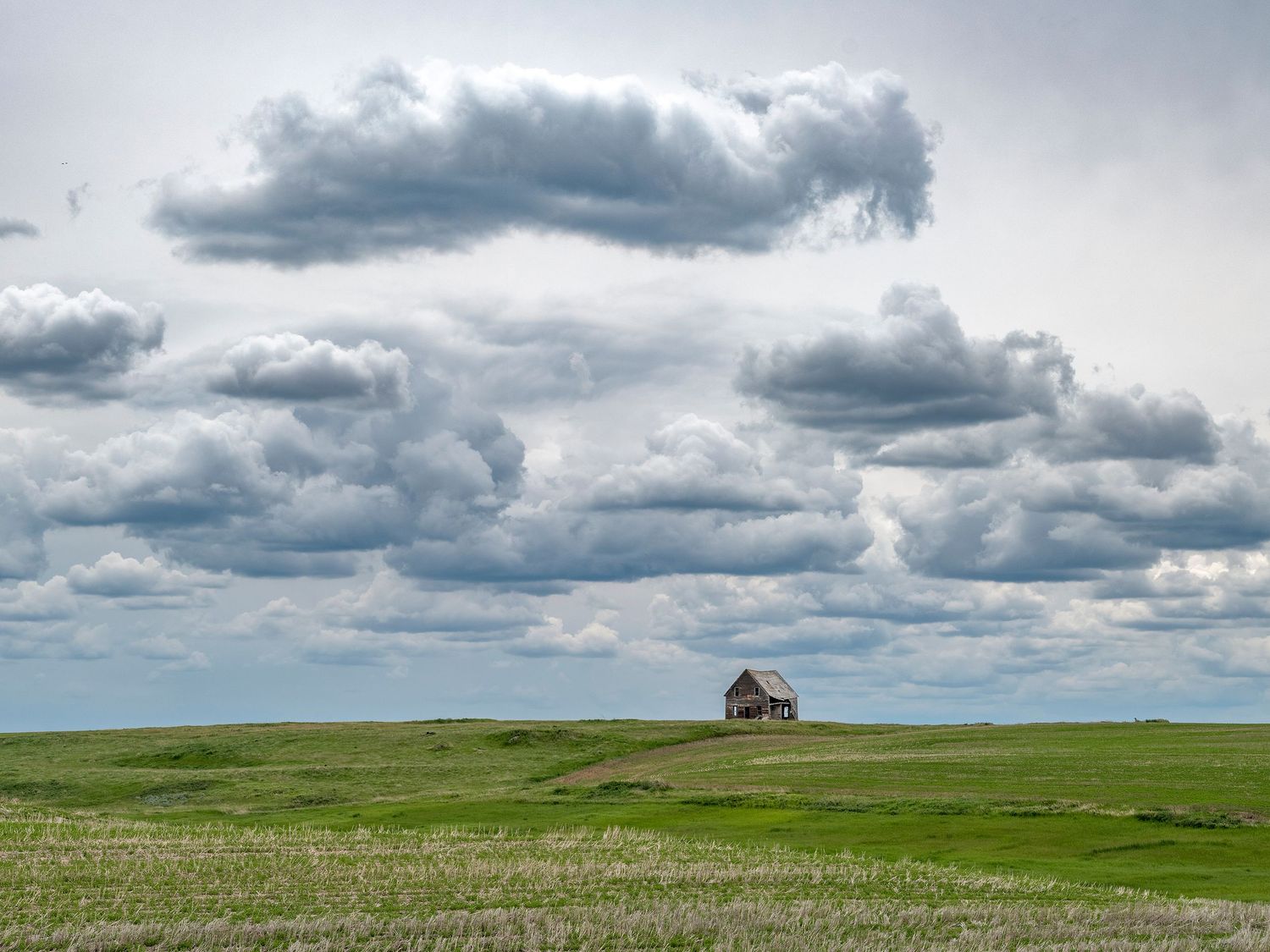 Lone farmhouse on vast green prairie under dramatic cloudy sky in rural landscape.