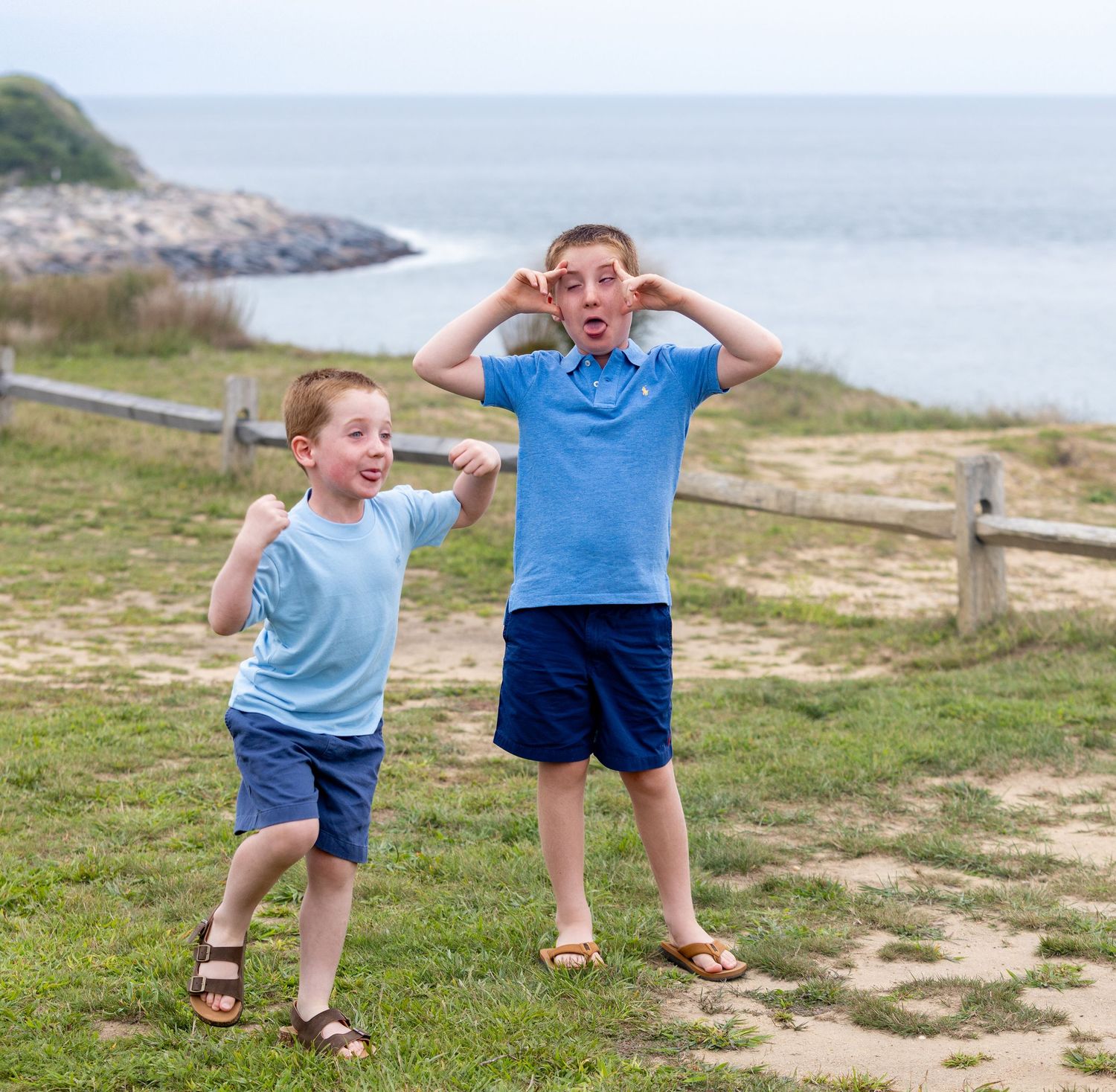 Two young red-haired boys in blue shirts make funny faces near a scenic coastal overlook.
