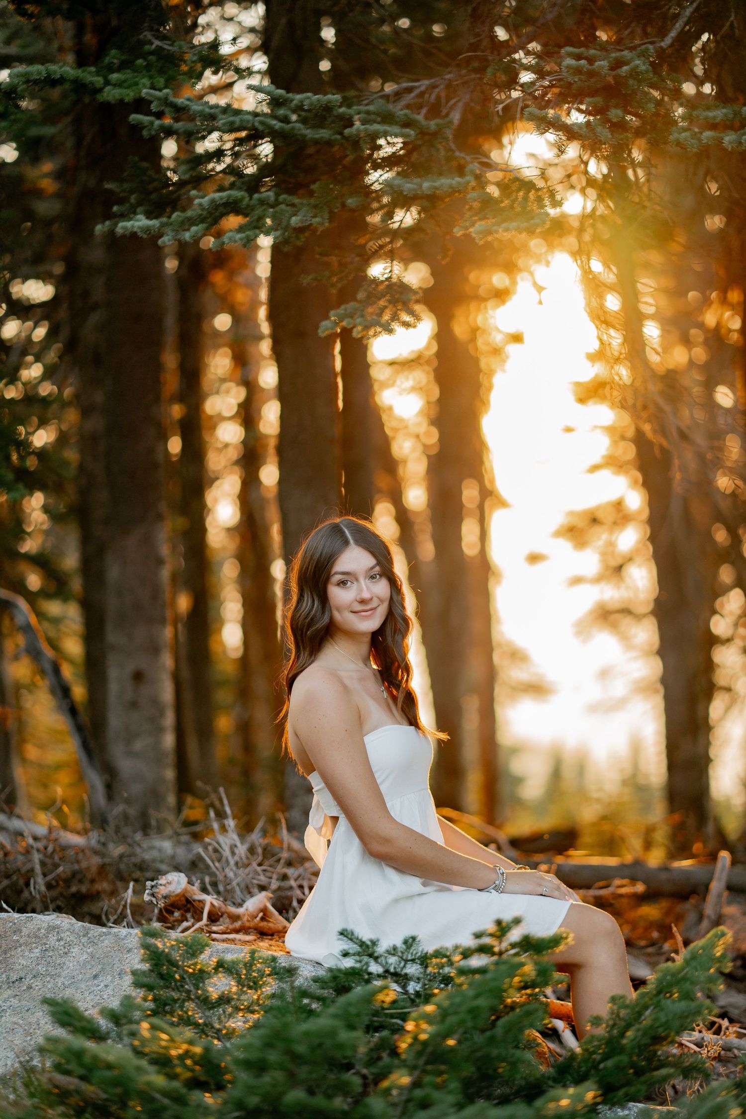 Young woman in white dress sitting on rocks in sunlit pine forest at golden hour.