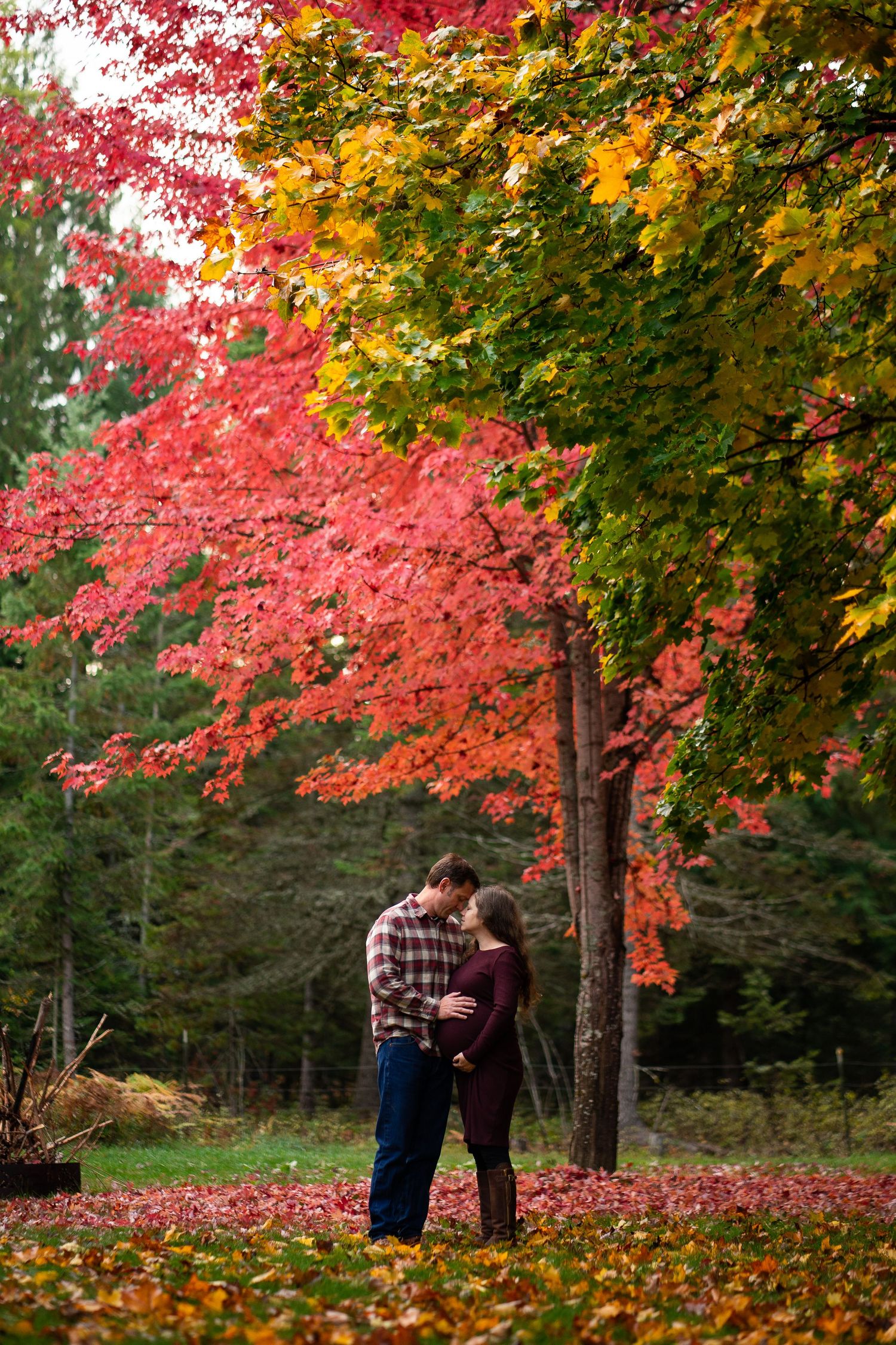 Expecting couple kissing under vibrant red and yellow autumn maple trees in a park.