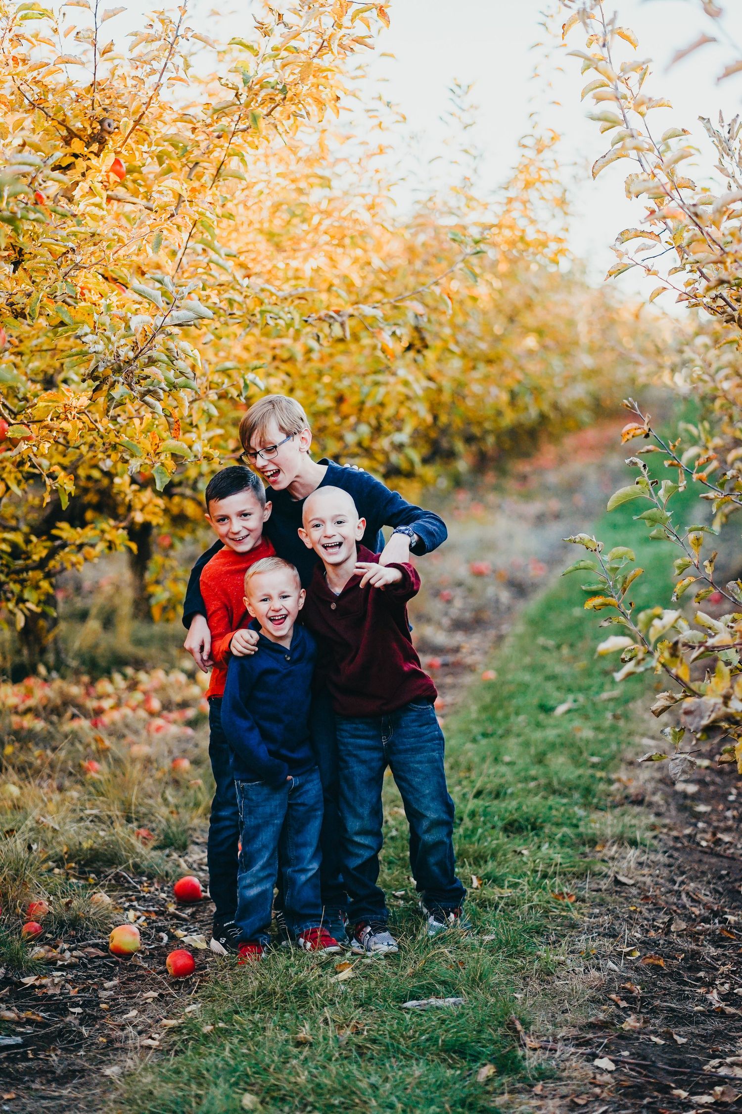 Four boys hugging and laughing together in an apple orchard in fall.