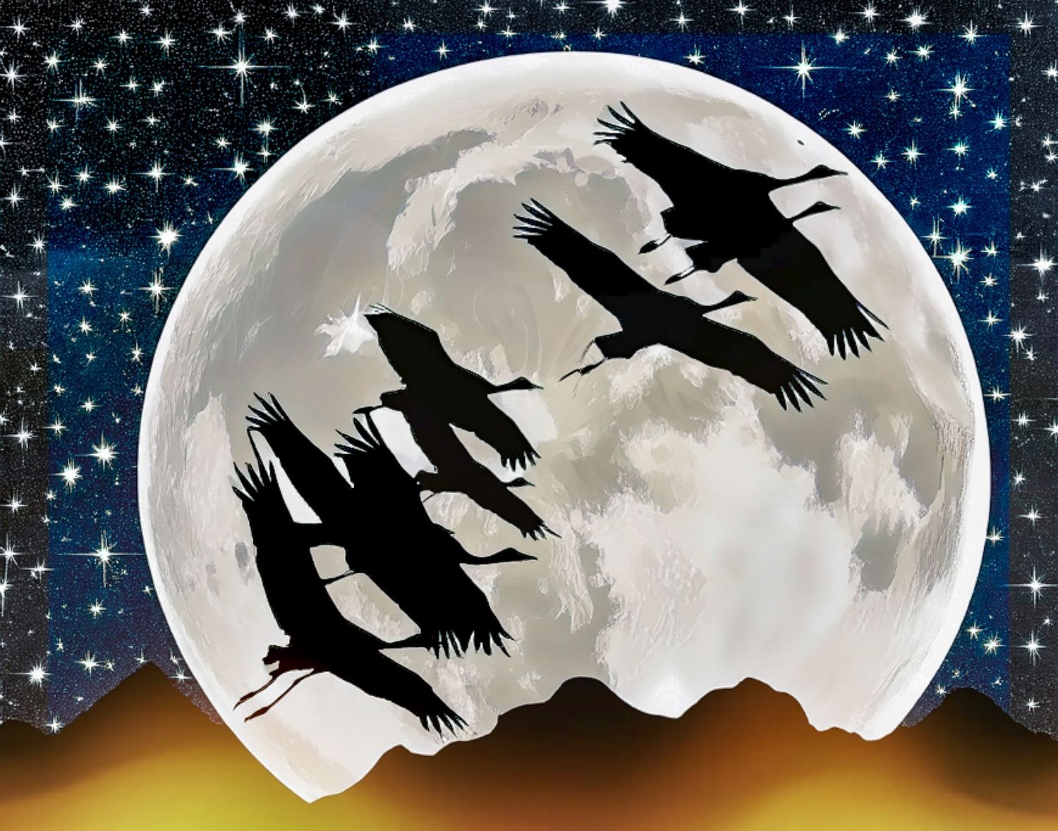 Flock of cranes flying in silhouette against a large full moon and starry night sky.