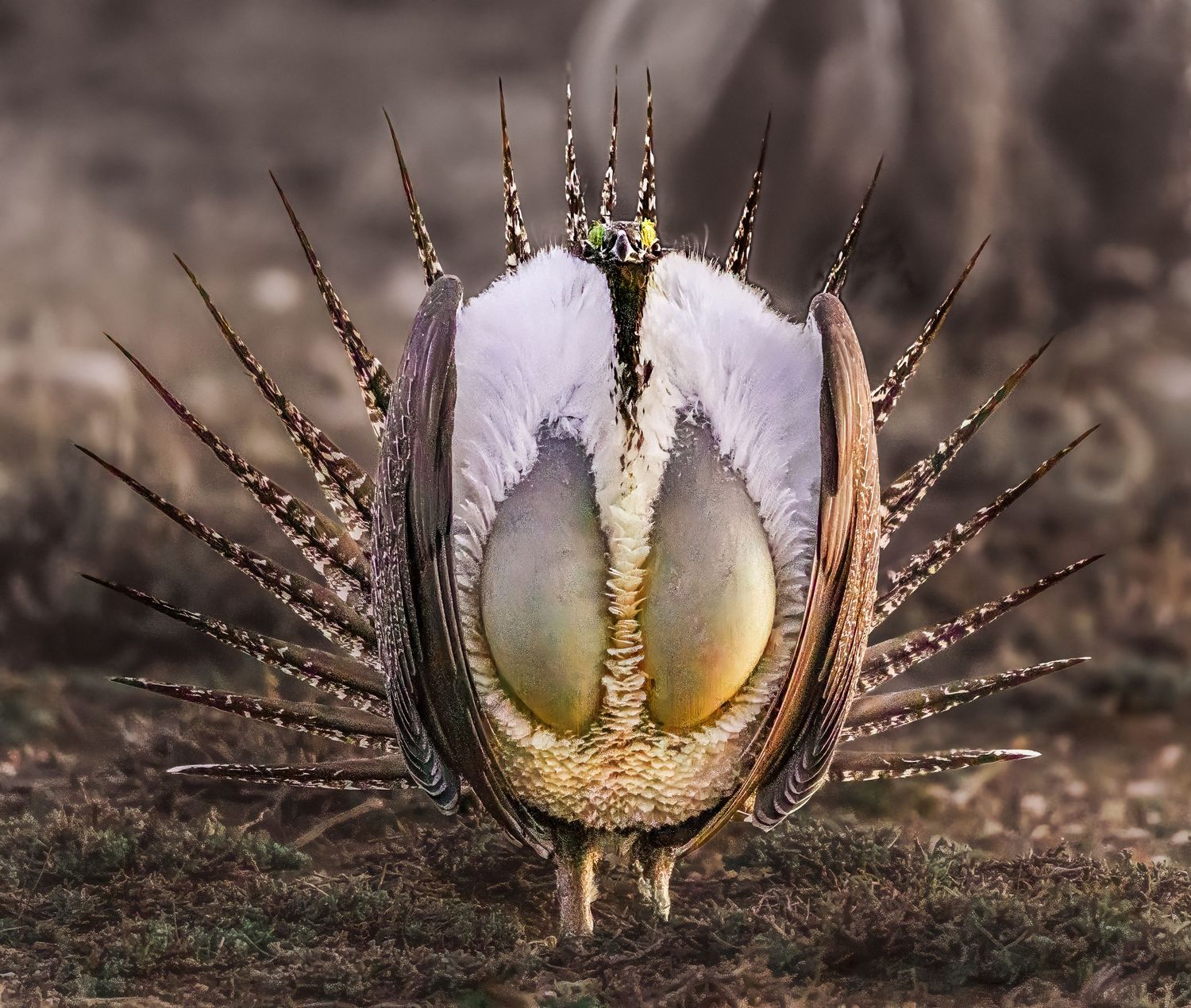 A greater sage-grouse displaying its spiked tail feathers and inflated air sacs during courtship.