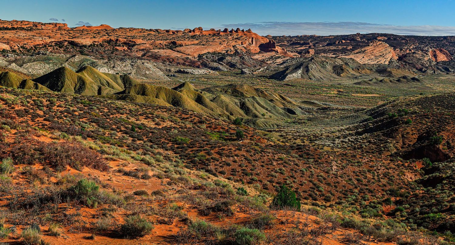 Aerial view of colorful desert canyon landscape with red rock formations and green shrubs in Utah.