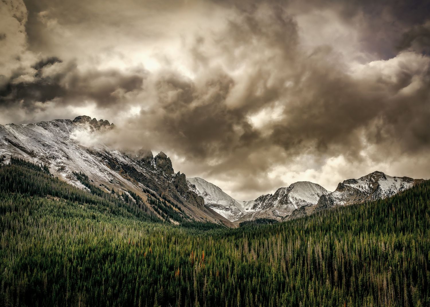 Snow-dusted rocky mountain peaks rise above a dense evergreen forest under dramatic stormy clouds.