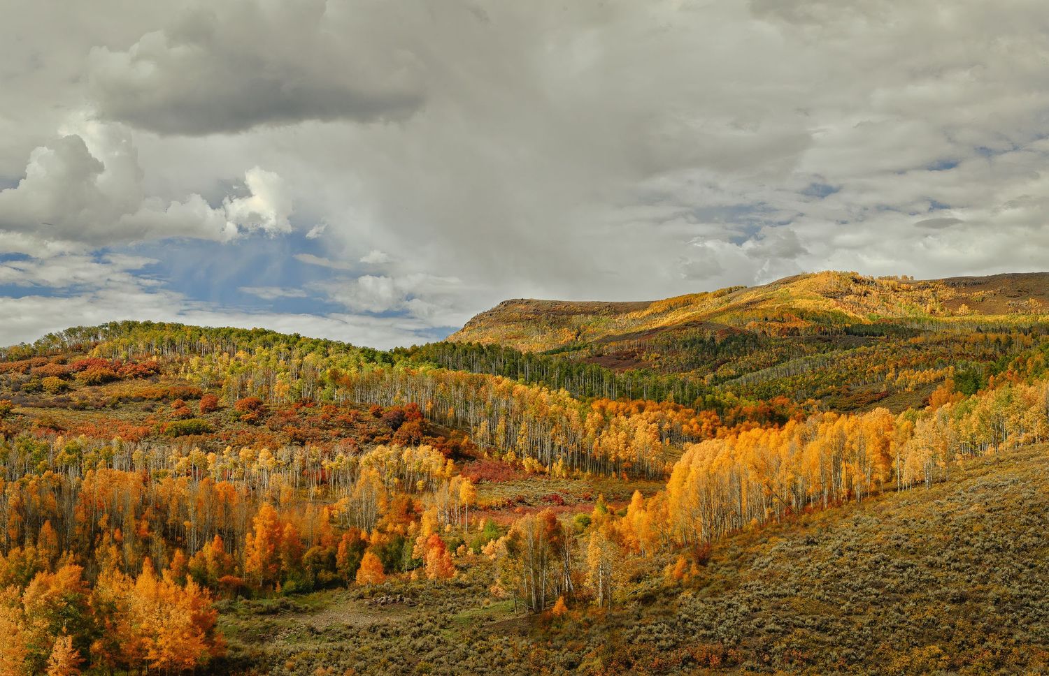 Vibrant autumn foliage blankets rolling hills and valleys under dramatic cloudy skies in a scenic mountain landscape.