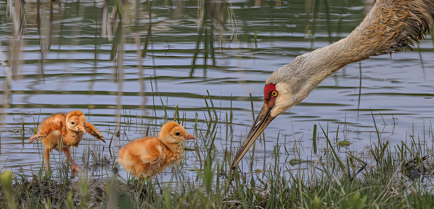 Adult sandhill crane feeds two fluffy orange chicks at the water's edge in a wetland environment.