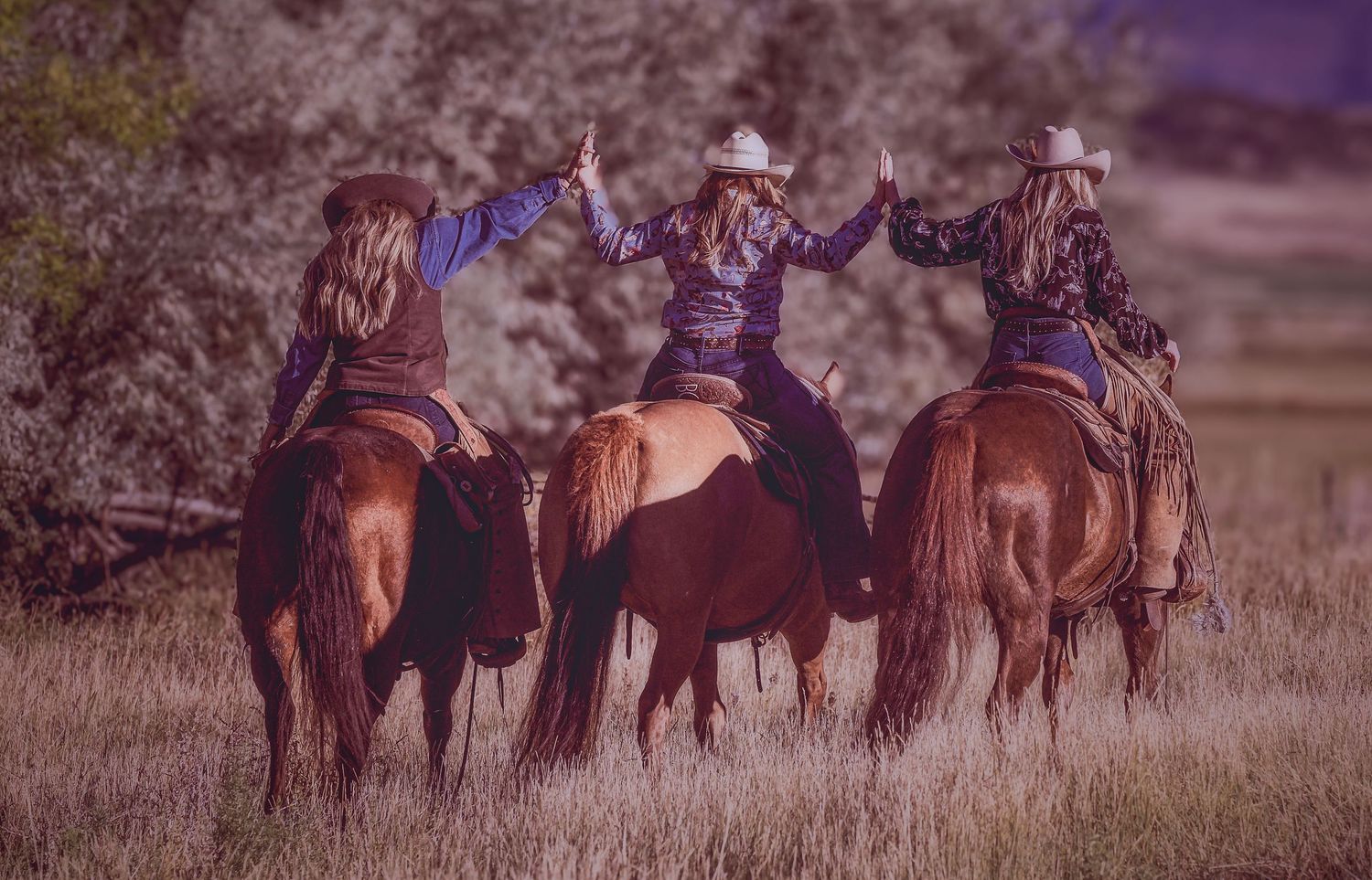 Three cowgirls on horseback give high-fives while riding through a scenic field.