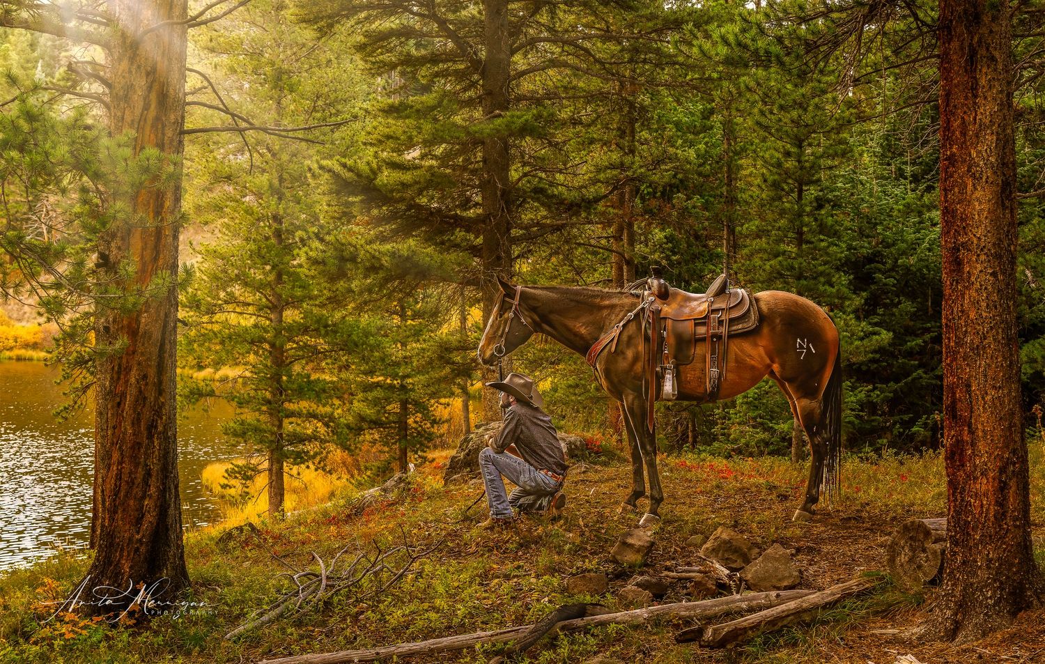 A cowboy kneels beside a saddled horse among tall pine trees near a sunlit forest lake.