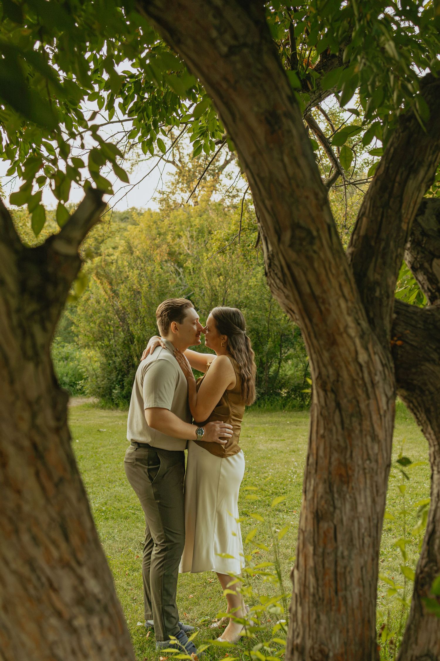 An engaged couple embracing beneath the trees during an engagement photography session at Bow Valley Ranche in Calgary, Alberta.