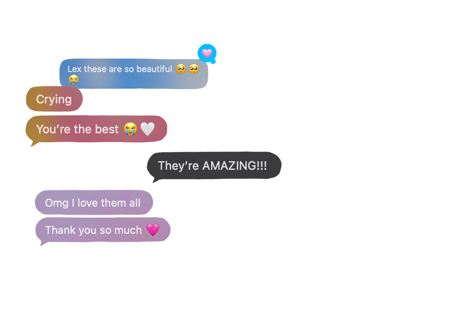 Positive client testimonial text messages praising photography work with enthusiastic reactions on white background.