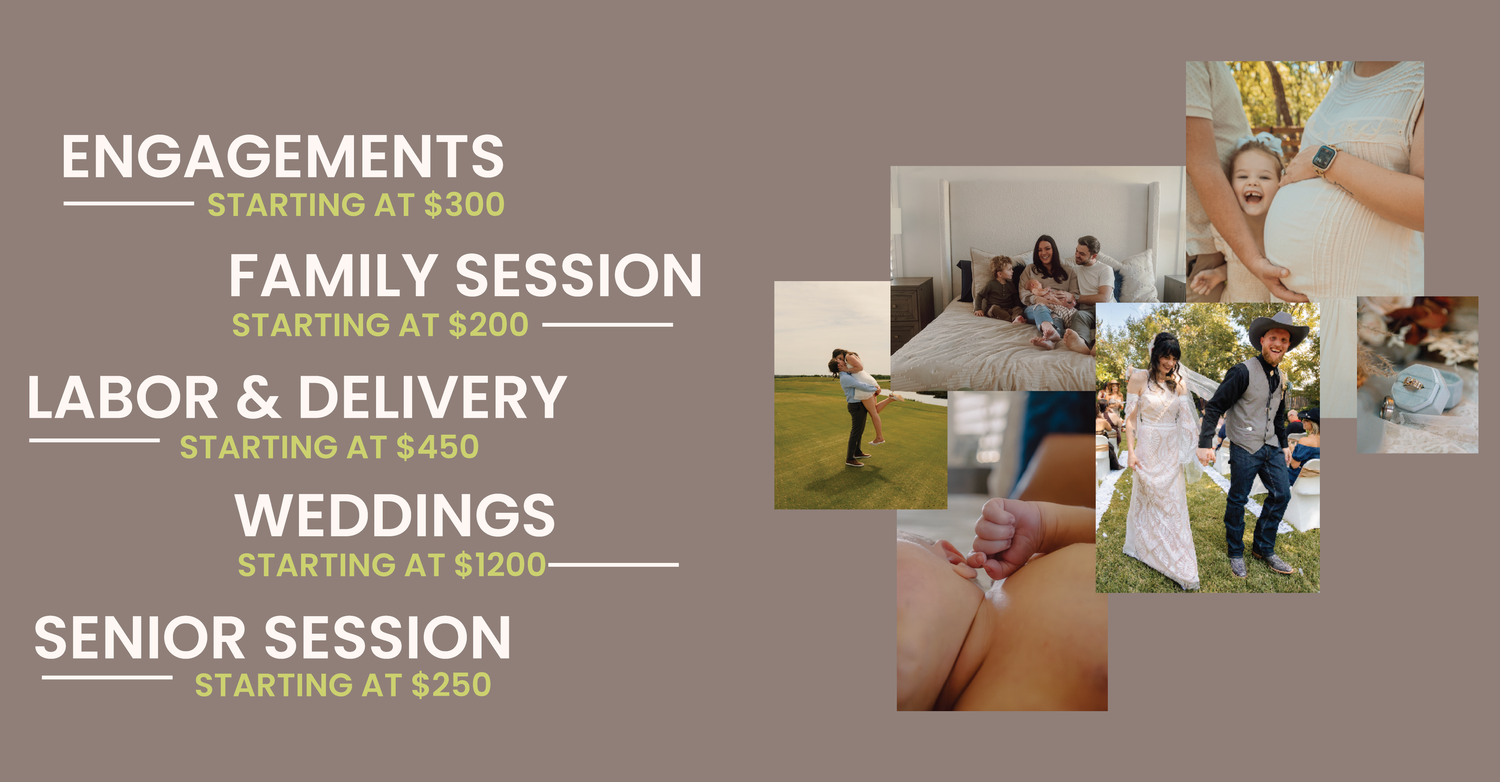 Photography services banner featuring engagement, family, labor, wedding, and senior session packages starting from $200.