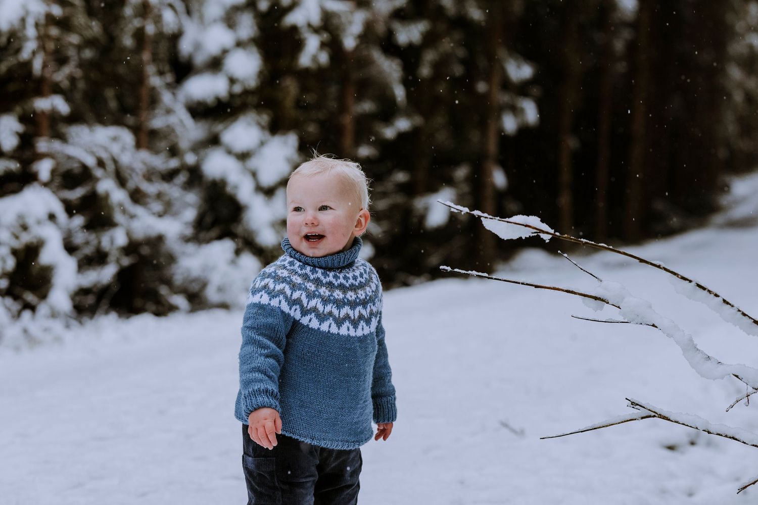 Toddler in blue patterned sweater smiling during winter photo session in snowy forest.