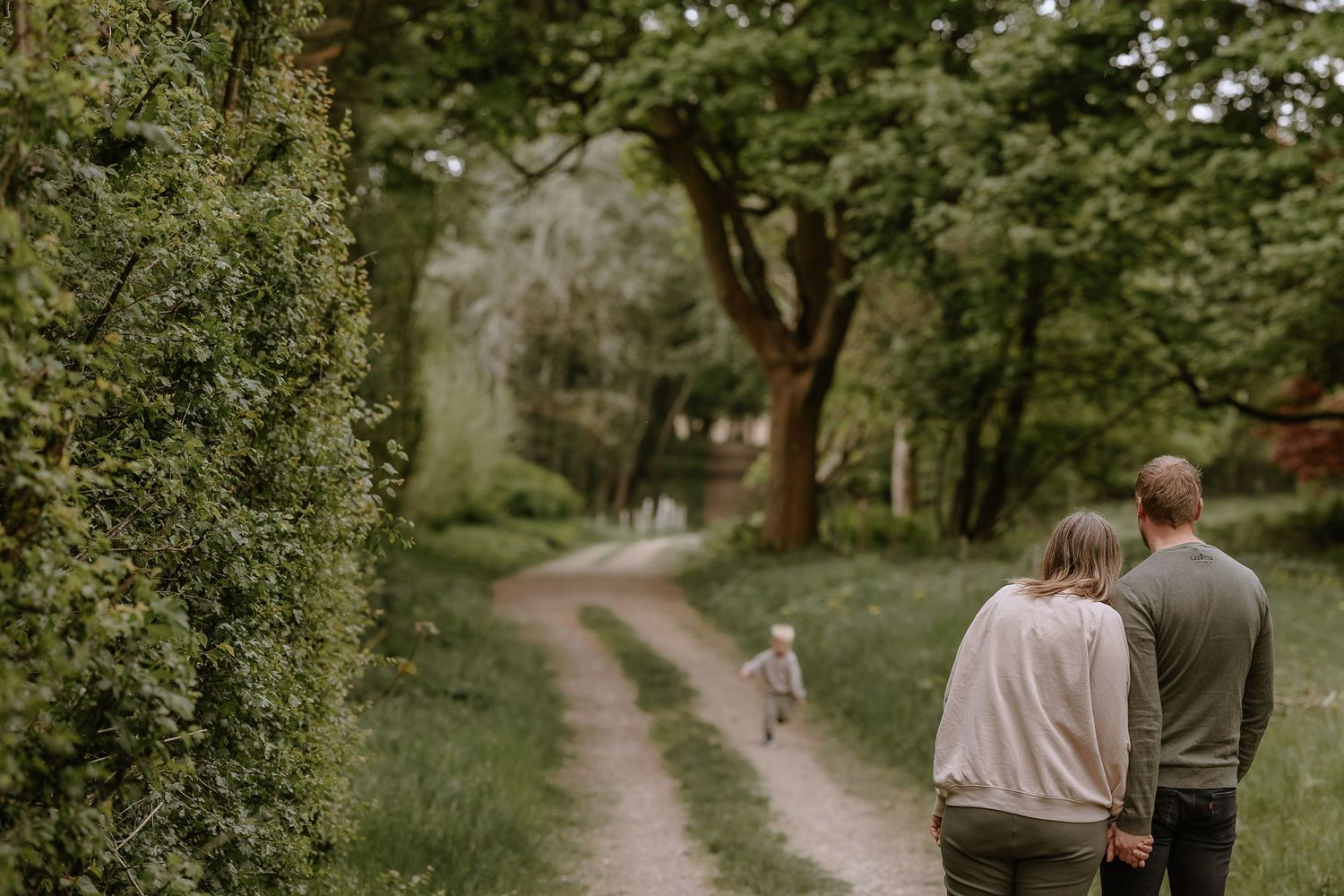 A serene family walk down a tree-lined dirt path on a peaceful afternoon.