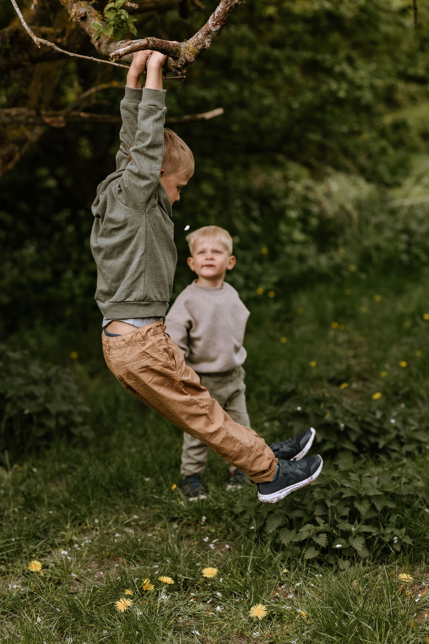 Two children play outdoors as one hangs playfully from a tree branch.