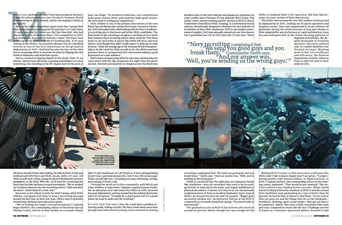 Multi-page magazine layout with underwater military training photographs and text.
