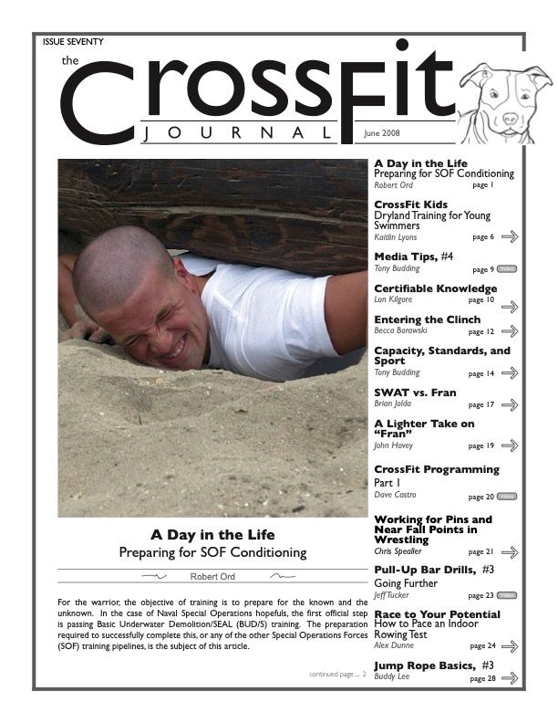 CrossFit Journal magazine layout with article headlines and training photos.