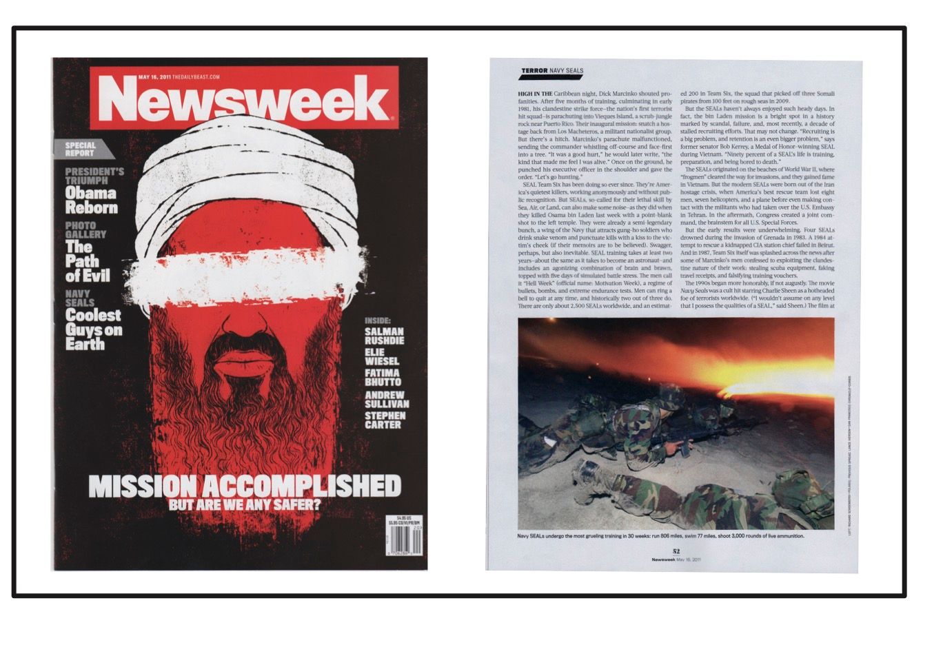 Collection of Newsweek magazine covers and spreads featuring dark dramatic imagery and headlines.