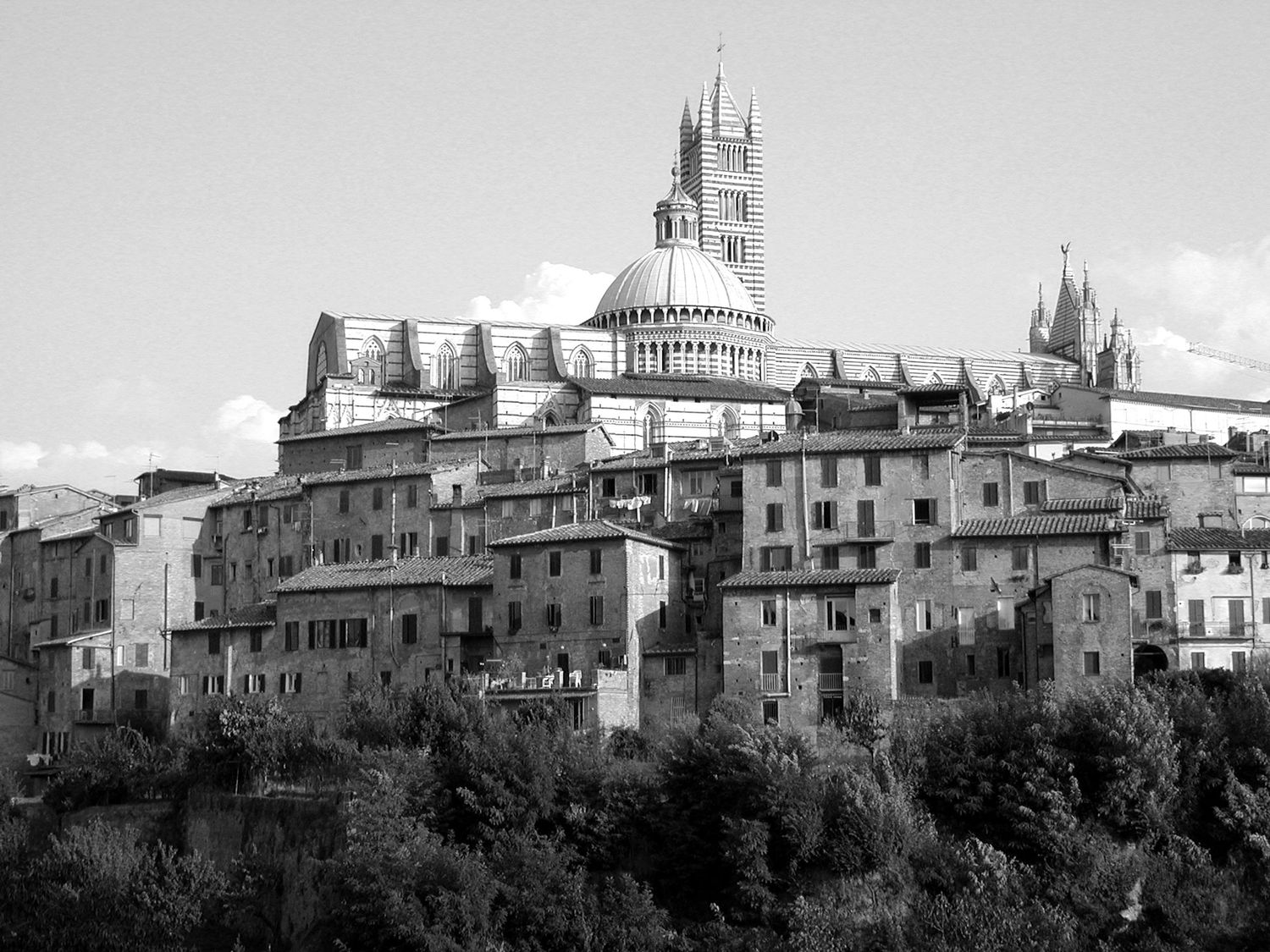 Panoramic view of a hilltop European town with historic buildings and church spires against a cloudy sky.