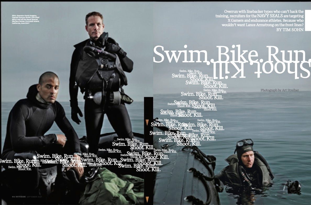 Magazine spread featuring action shots of military training with text overlays.