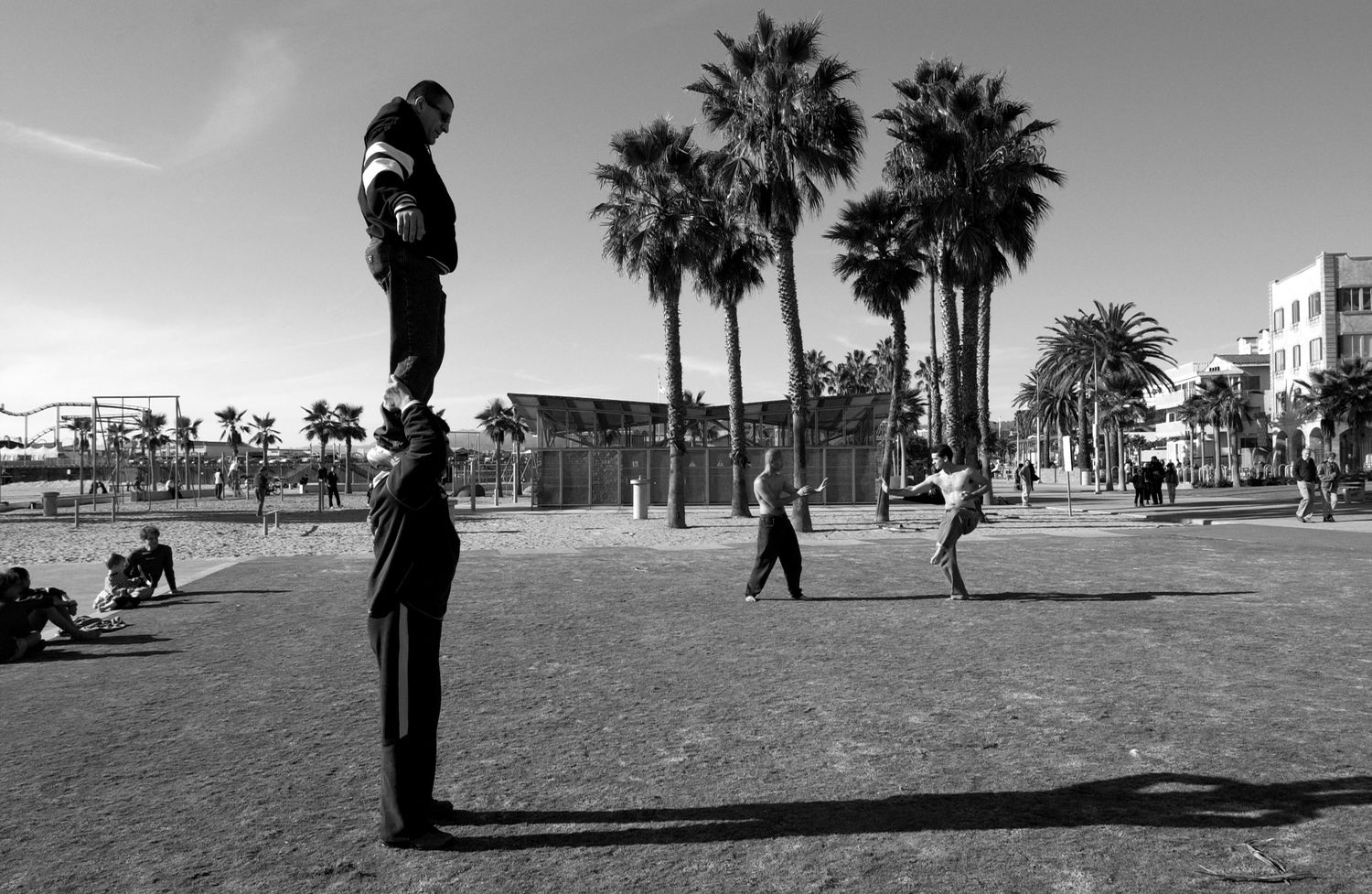 People casting long shadows on a beach with palm trees and buildings in the background.