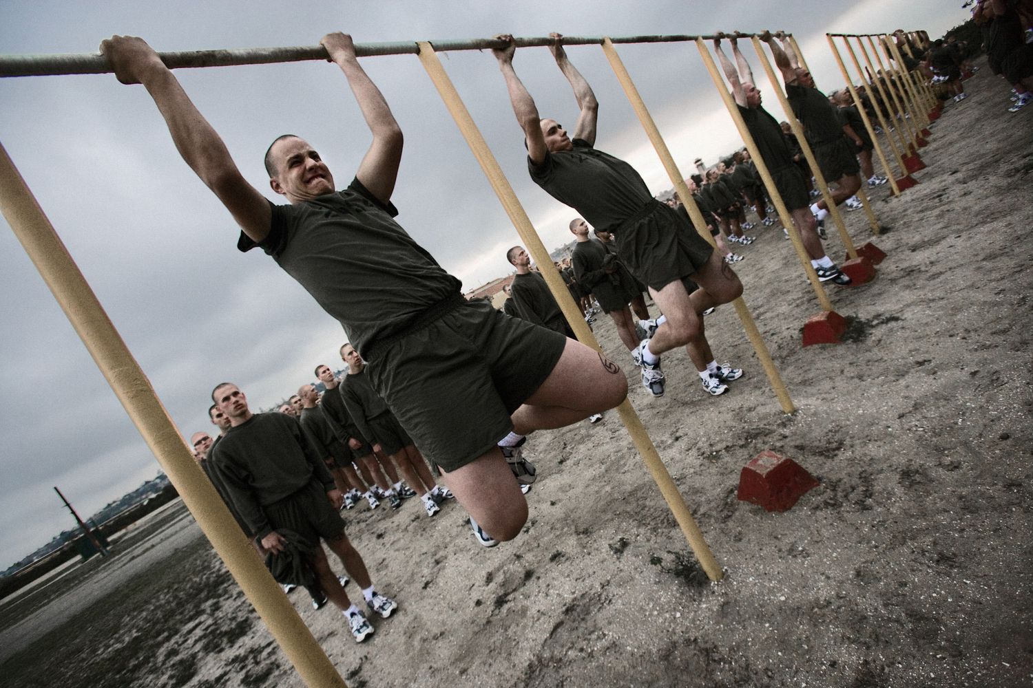 Military recruits performing pull-ups during physical training exercises.