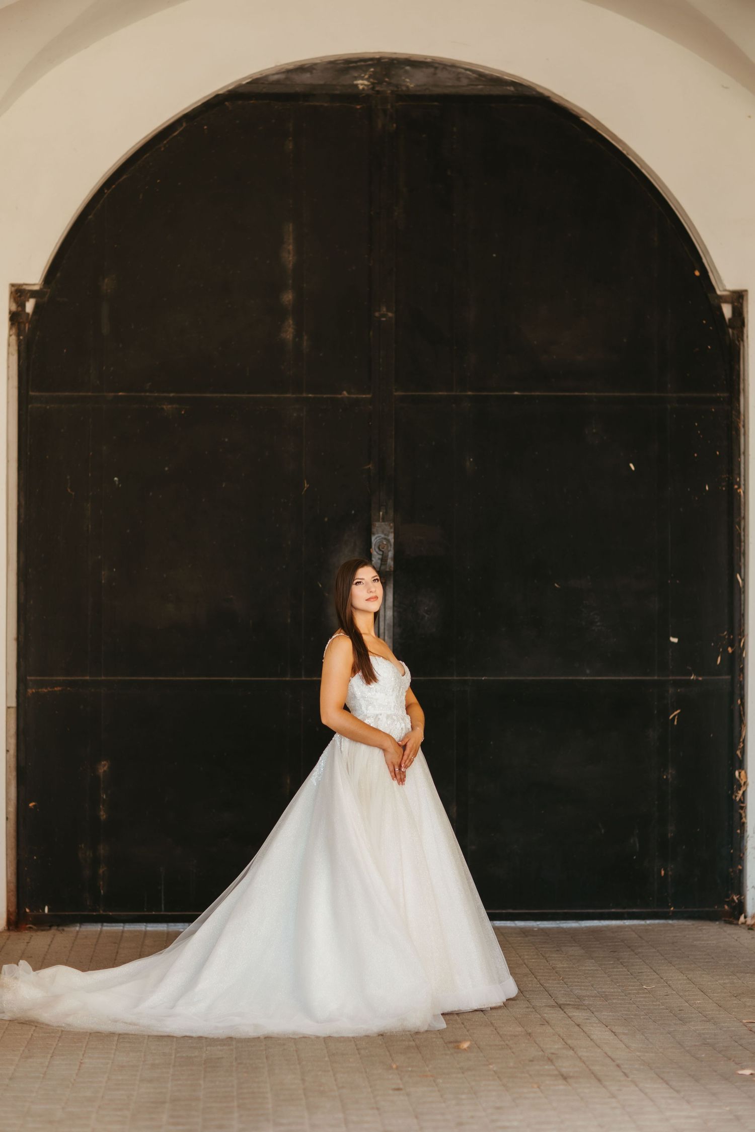 Elegant bride in a white ball gown poses gracefully against a dark arched doorway during a wedding photoshoot.