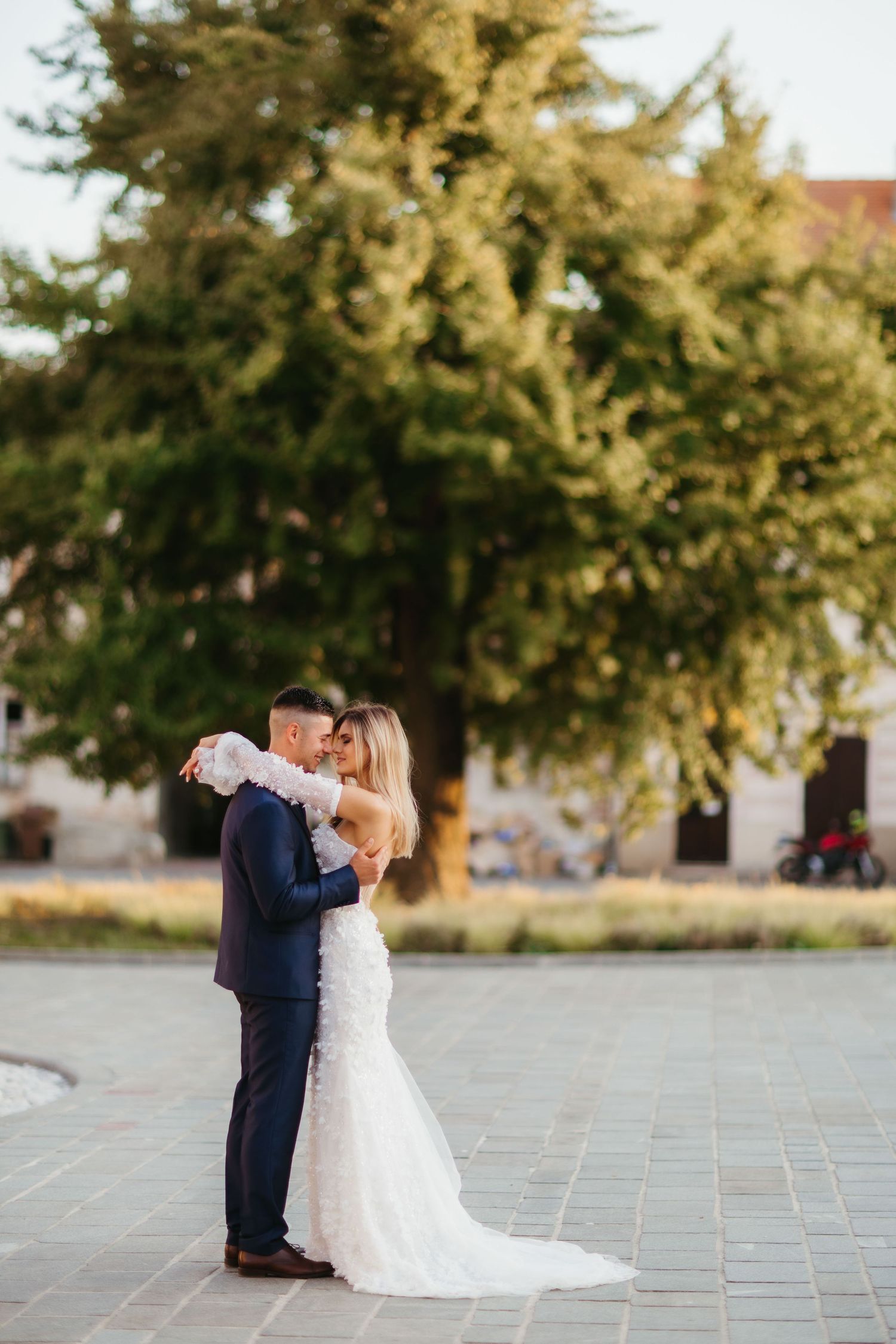 Romantic wedding portrait with couple embracing under sunlit tree.