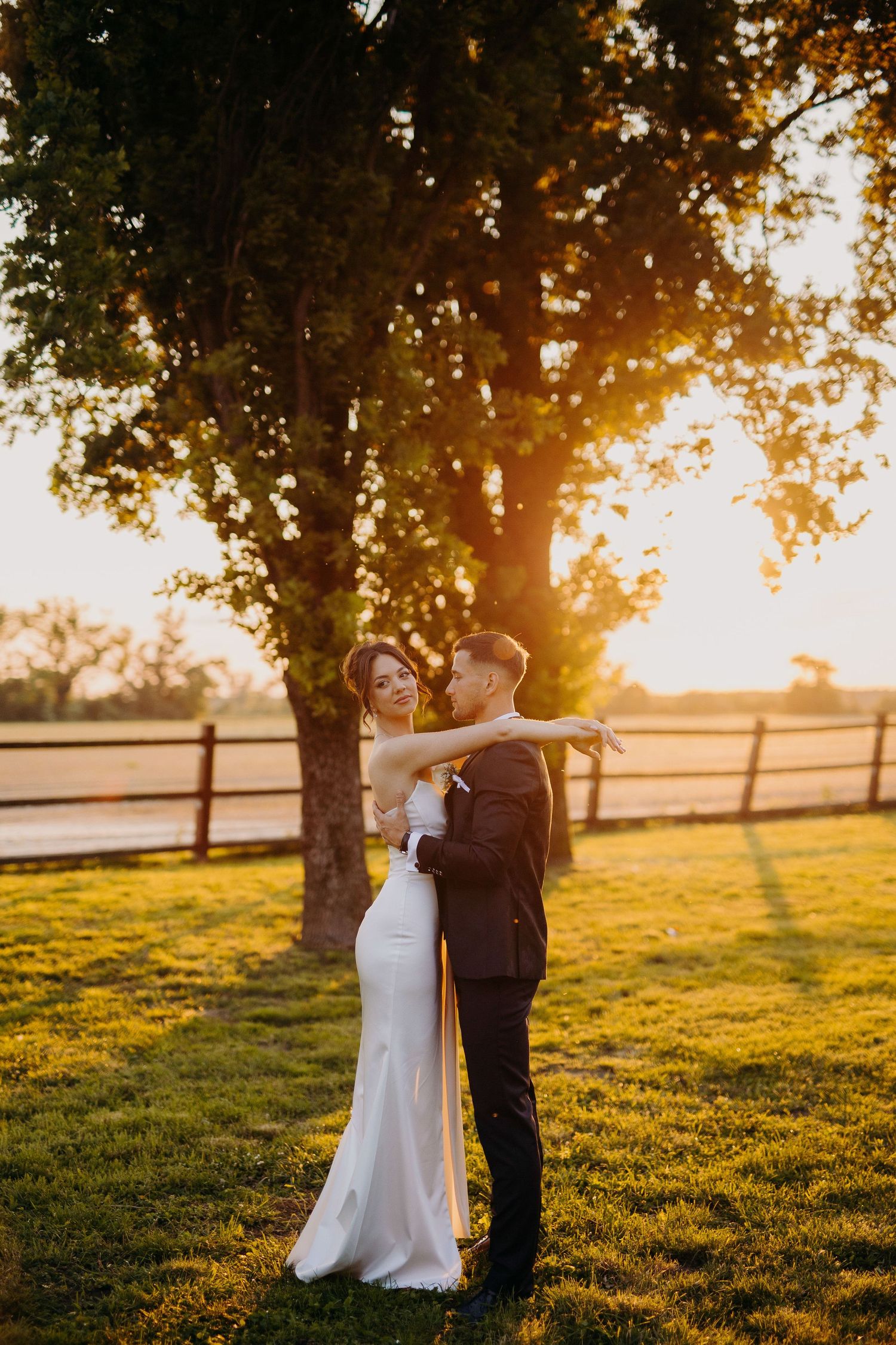 A couple shares an intimate moment at sunset in a grassy field with trees silhouetted against the golden light.