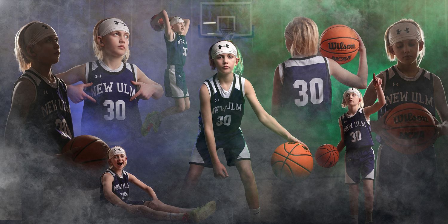 Basketball sports composite image featuring athlete in multiple action poses with dramatic lighting, New Ulm Minnesota photographer