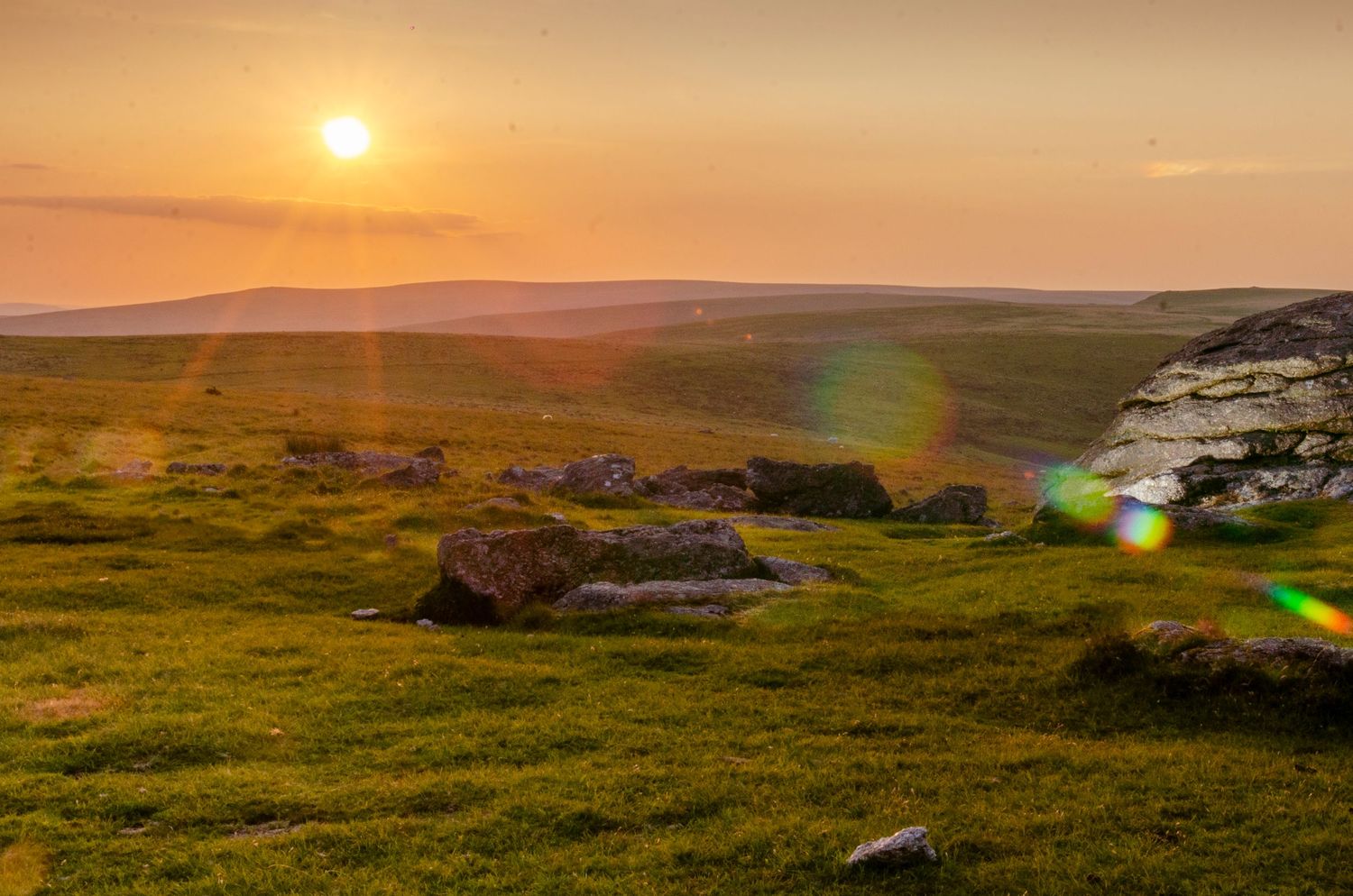 Golden sunset over rolling moorland hills with scattered rocks and boulders creating a dramatic landscape in warm light.