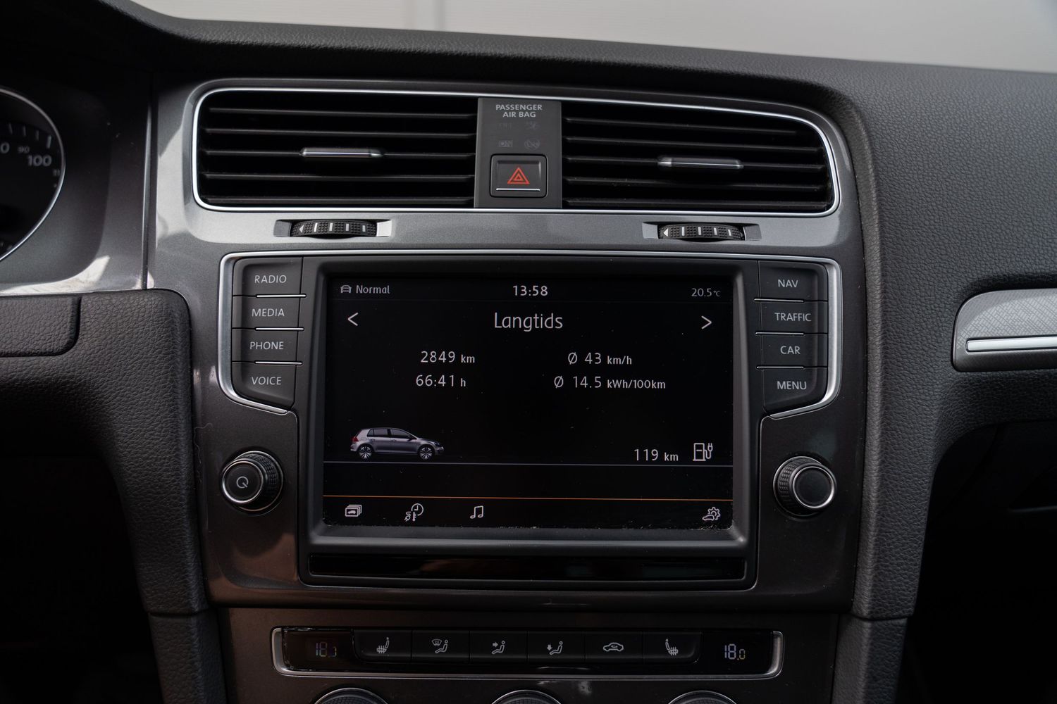 Close up view of car stereo and climate control interface with digital display screen.
