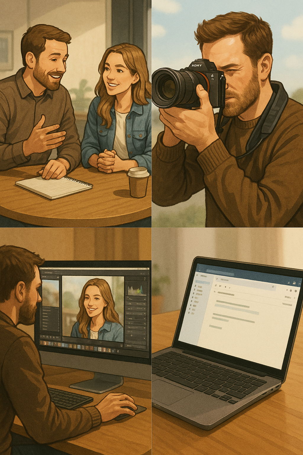 A photographer captures content and edits photos on computer while working with clients in a professional studio setting.