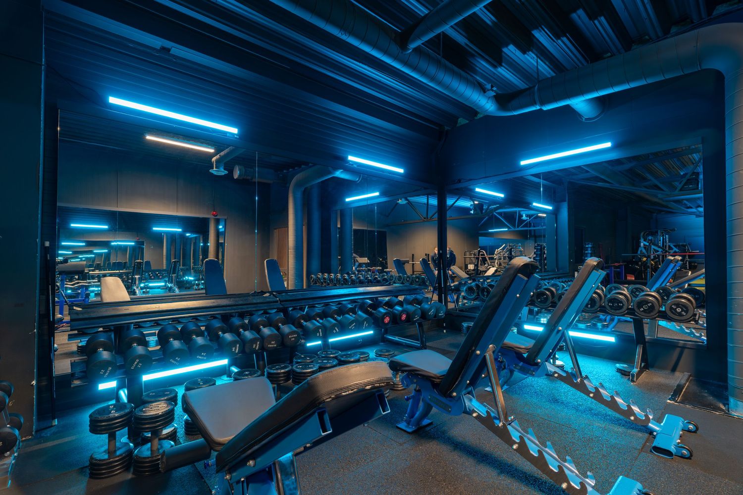 Modern gym interior with blue neon lighting and workout equipment lined up in a dark aesthetic setting.
