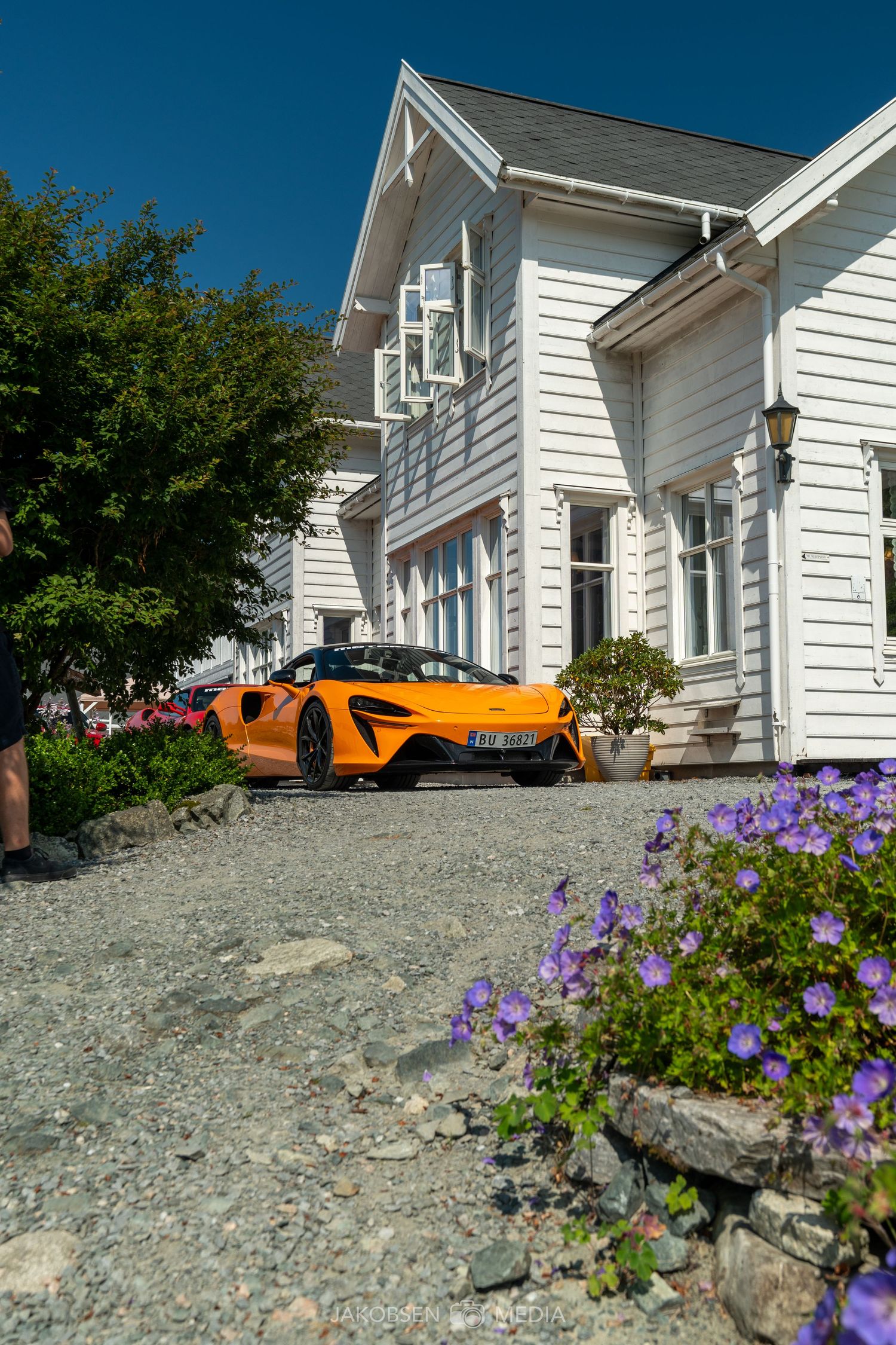 Low angle view of sports cars parked by white buildings with purple flowers in rocky foreground.