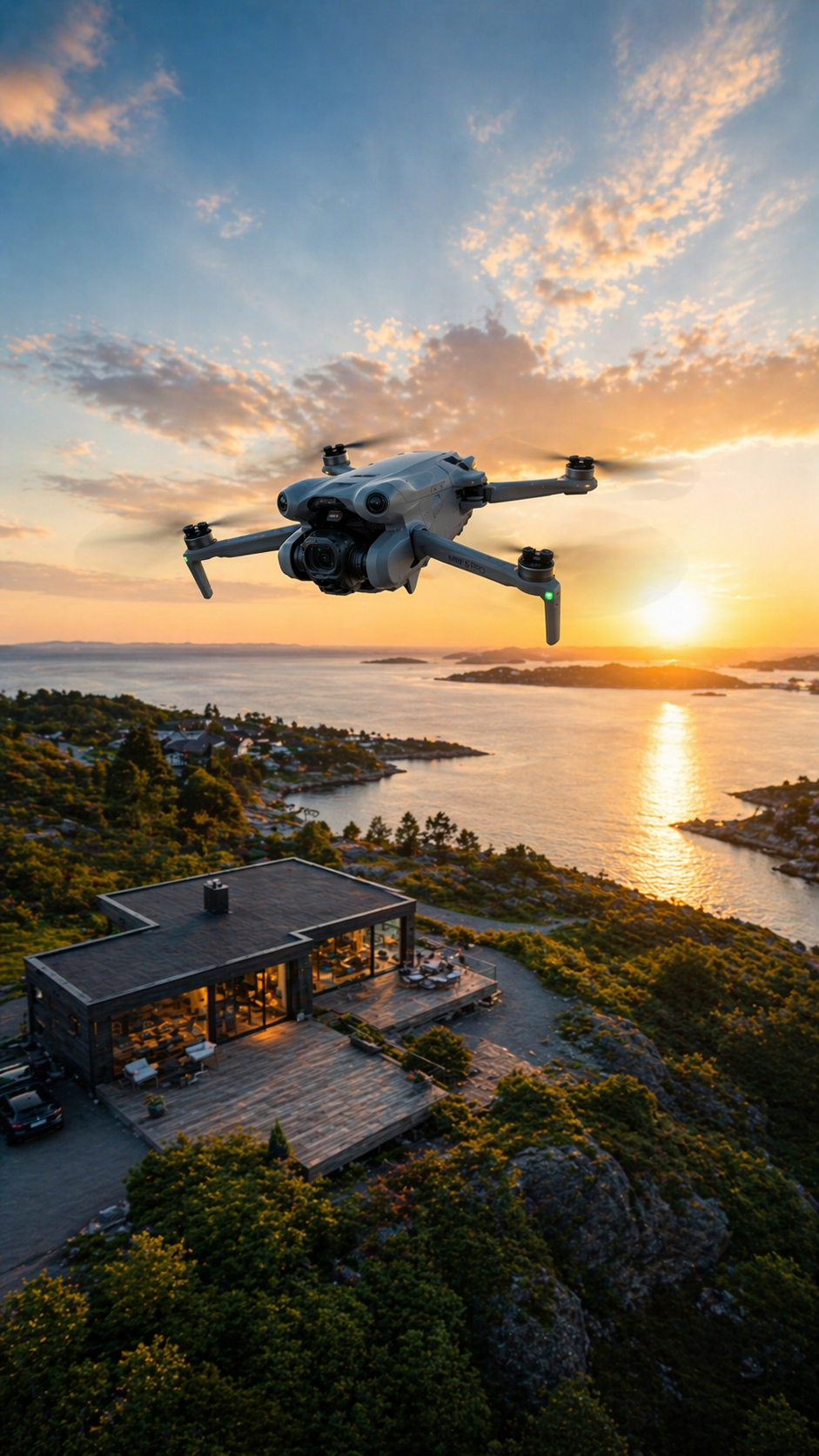 A DJI drone flies over a modern coastal cabin at sunset, with golden light reflecting on the ocean and lush green islands.