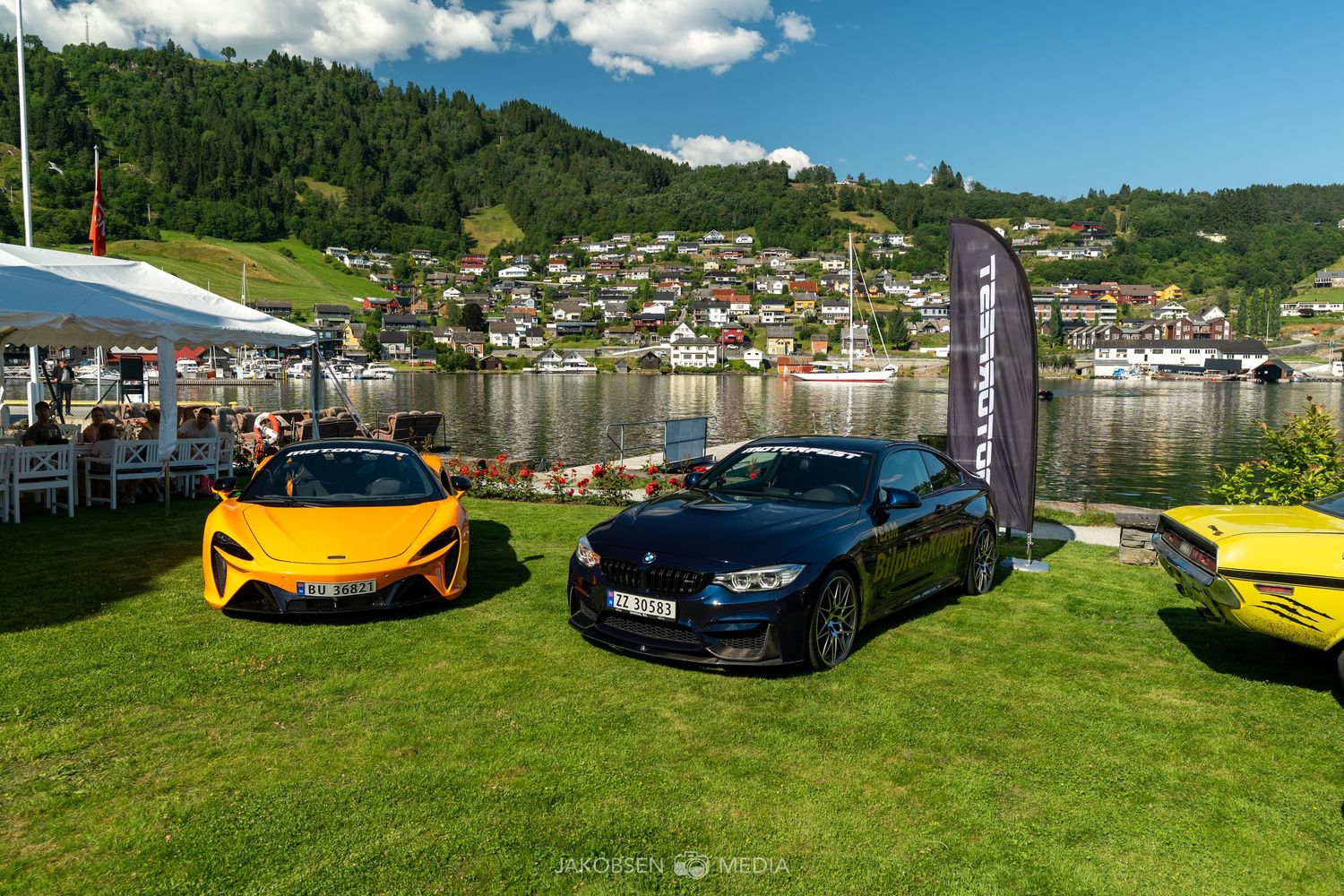 Luxury sports cars lined up on a grassy lawn with mountains and blue sky in the background.