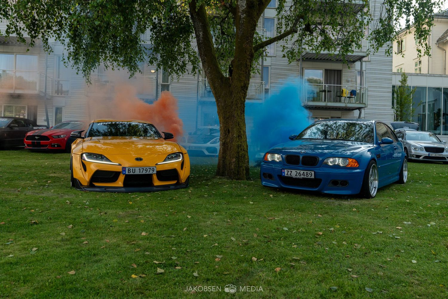Luxury car showcase featuring exotic vehicles parked under trees on a green lawn.