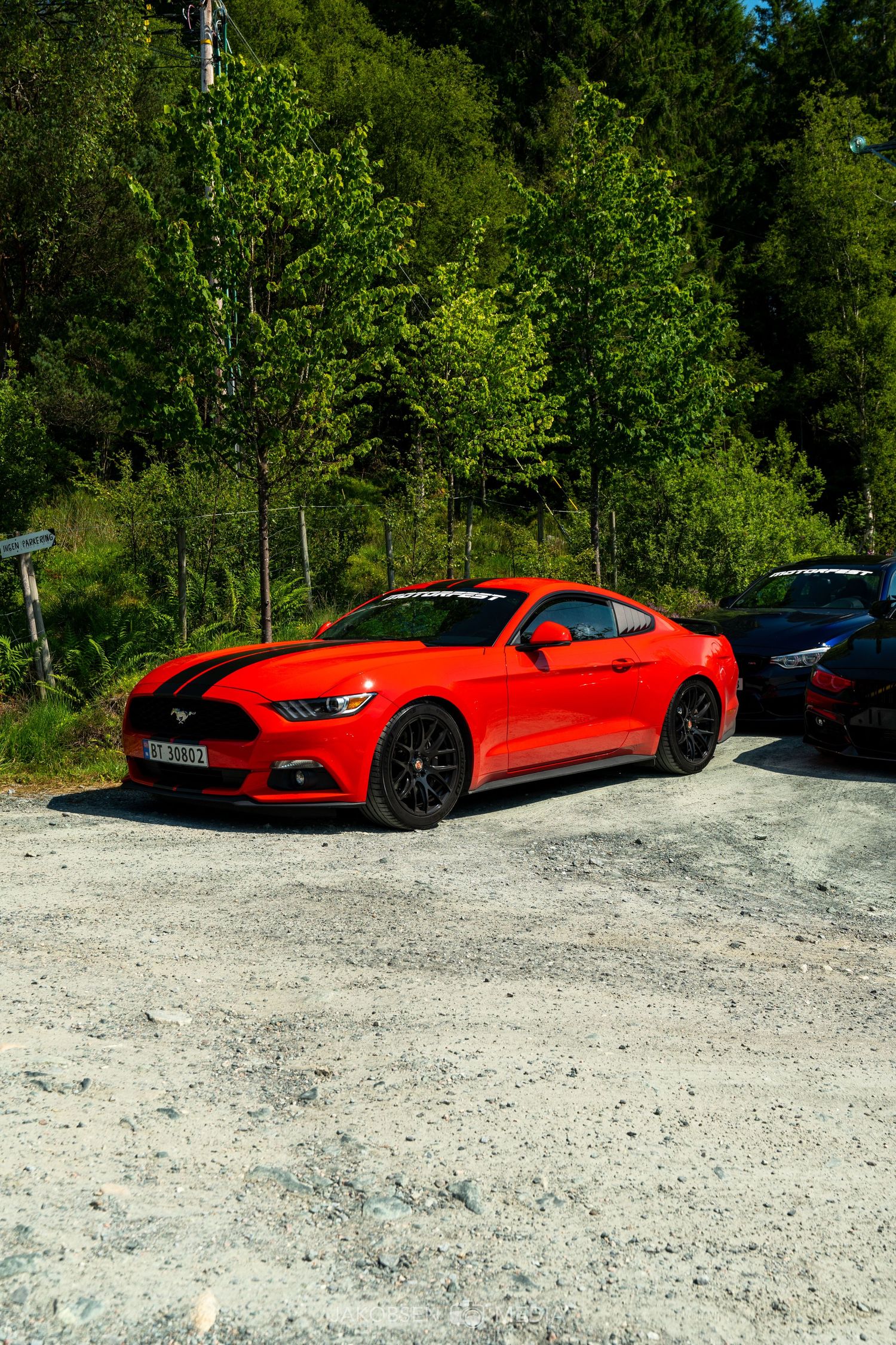 Red Ford Mustang and dark sports cars parked on a gravel lot surrounded by green forest.