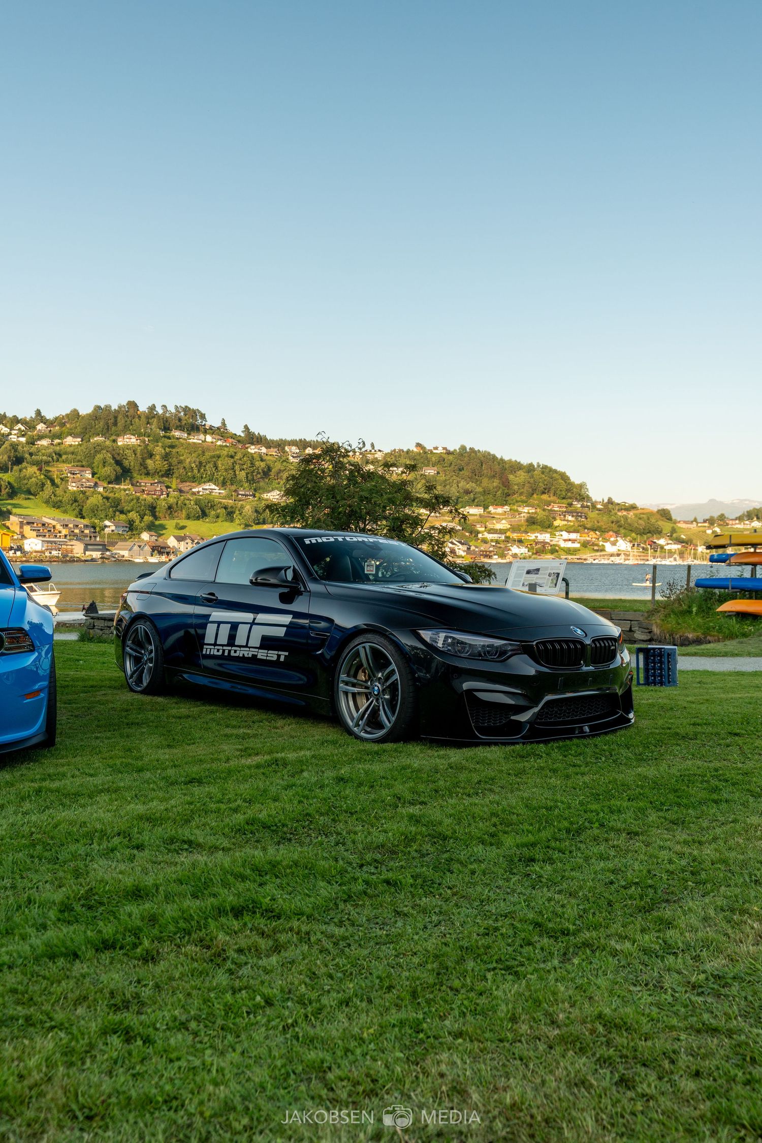 A line of luxury sports cars displayed on a grassy field with a waterfront view and hills in the background.