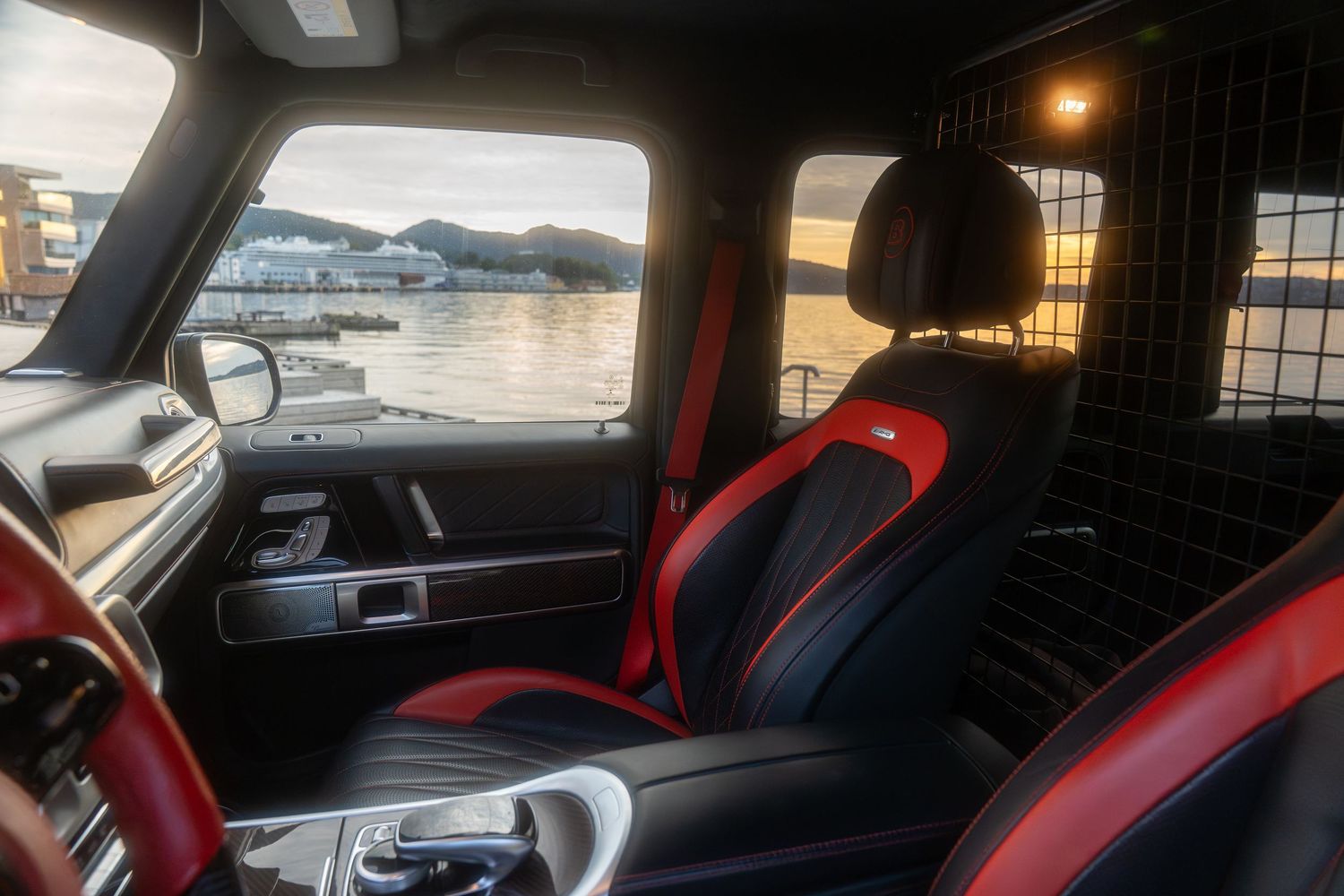 Interior shots of a modern car showing black and red leather seats and dashboard details in various lighting conditions.