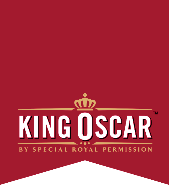 King Oscar logo with a golden crown on a red banner and the tagline By Special Royal Permission.