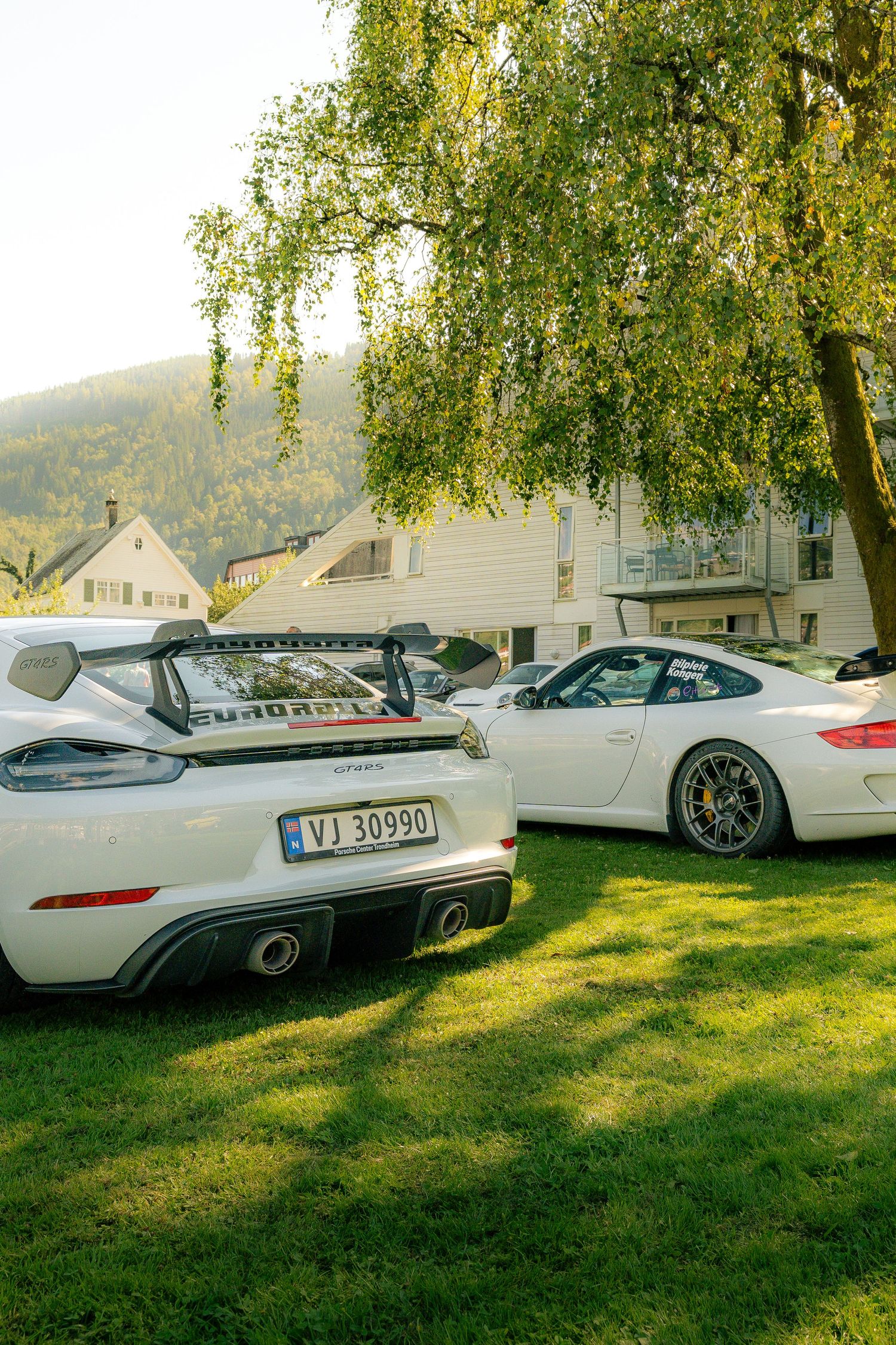 White Porsche 718 GT4 with large rear wing and Norwegian plate parked on grass near houses and a hillside.