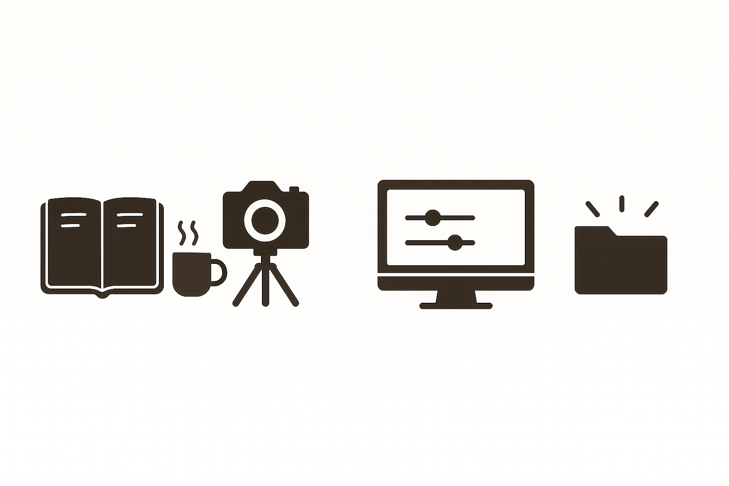 Simple black icons showing books, coffee cup, camera, computer monitor and media device arranged horizontally.