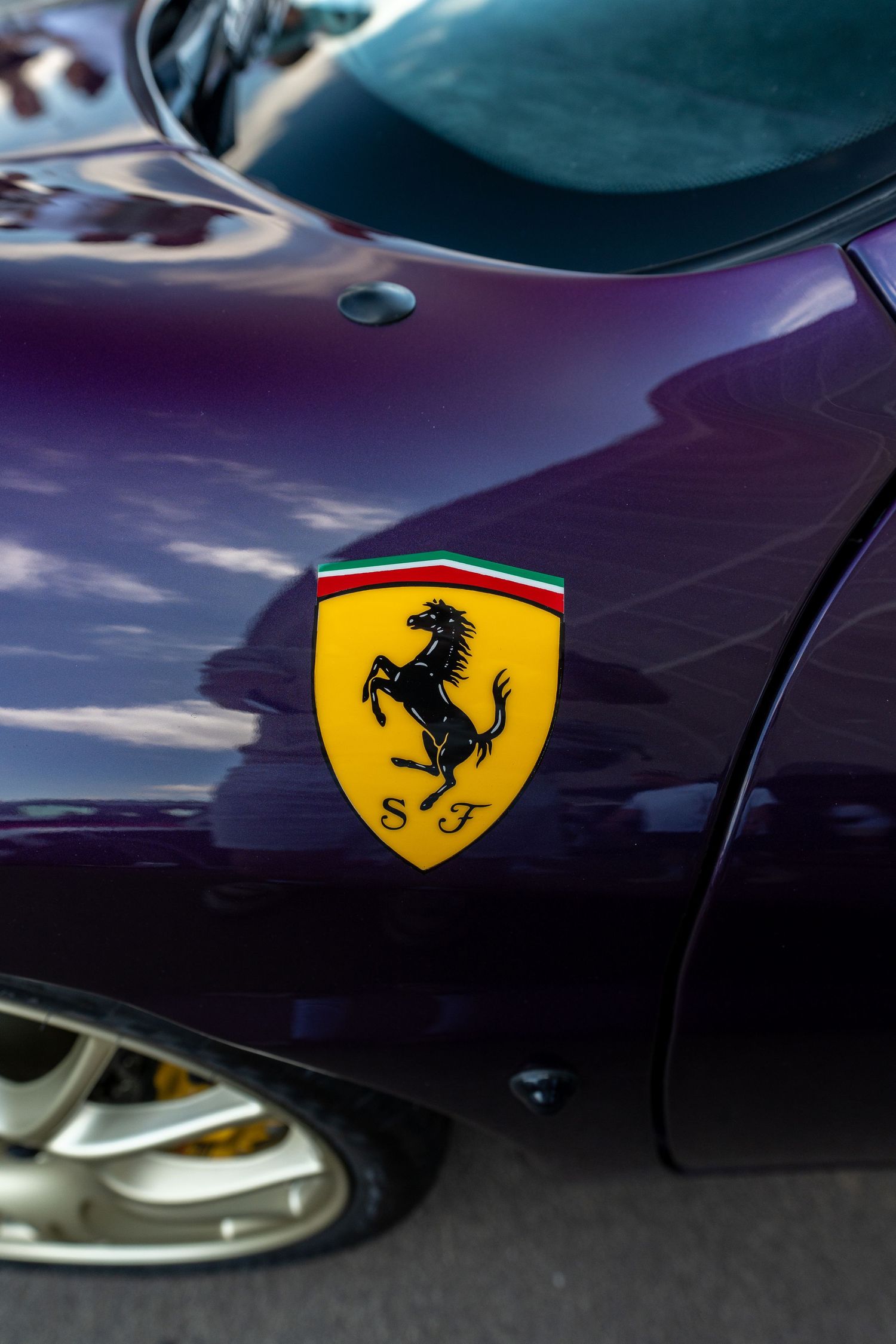 Close-up shot of purple Ferrari badges showing the iconic prancing horse logo.
