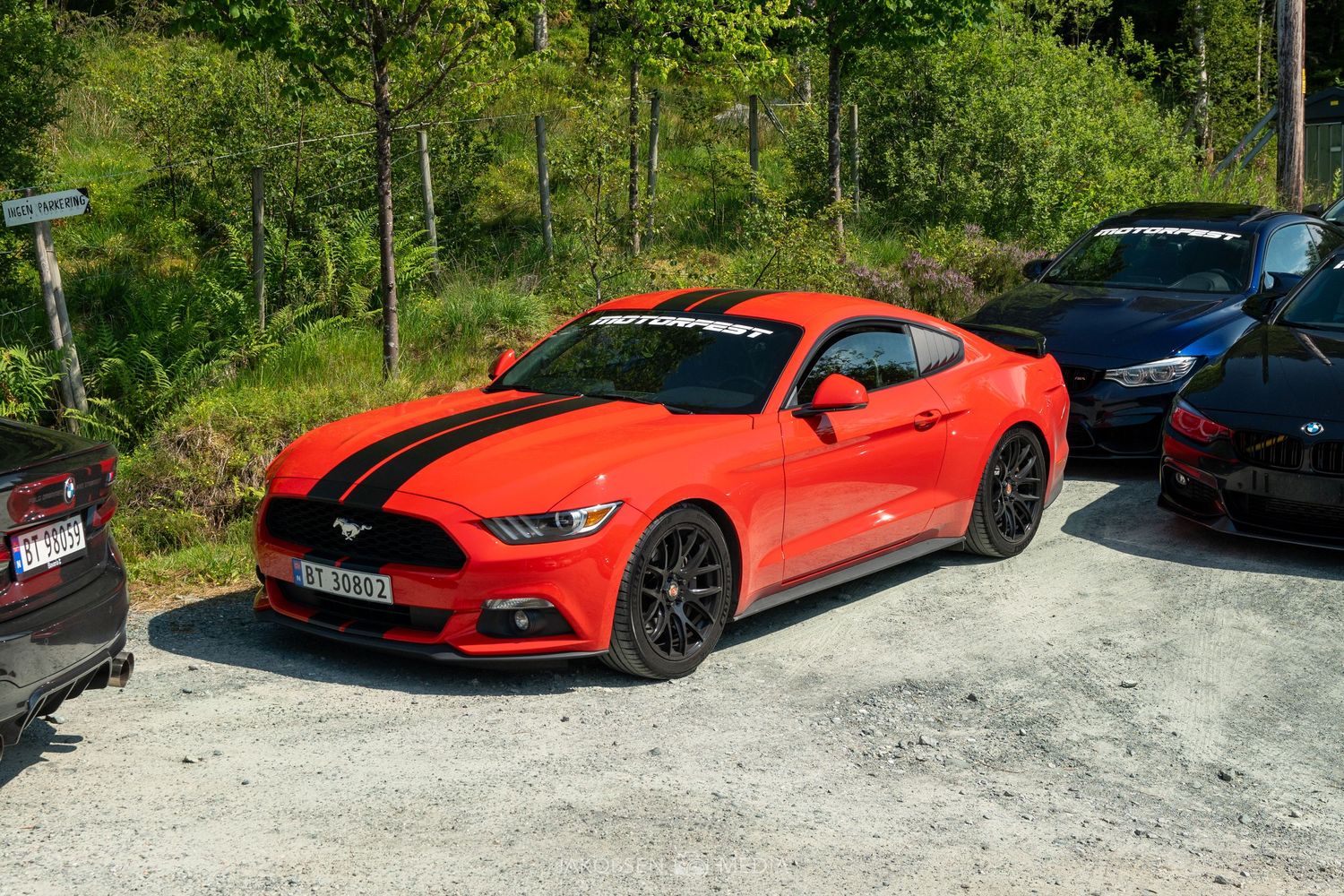 Row of colorful sports cars including red and black models parked at a mountain viewpoint.