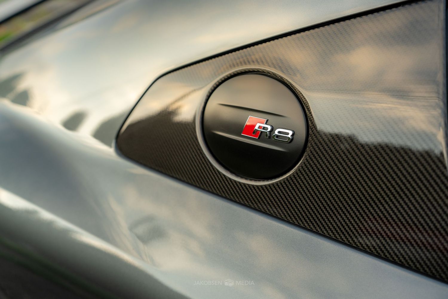 High performance Audi RS badge detail on black carbon fiber trim panel shows premium sport branding.