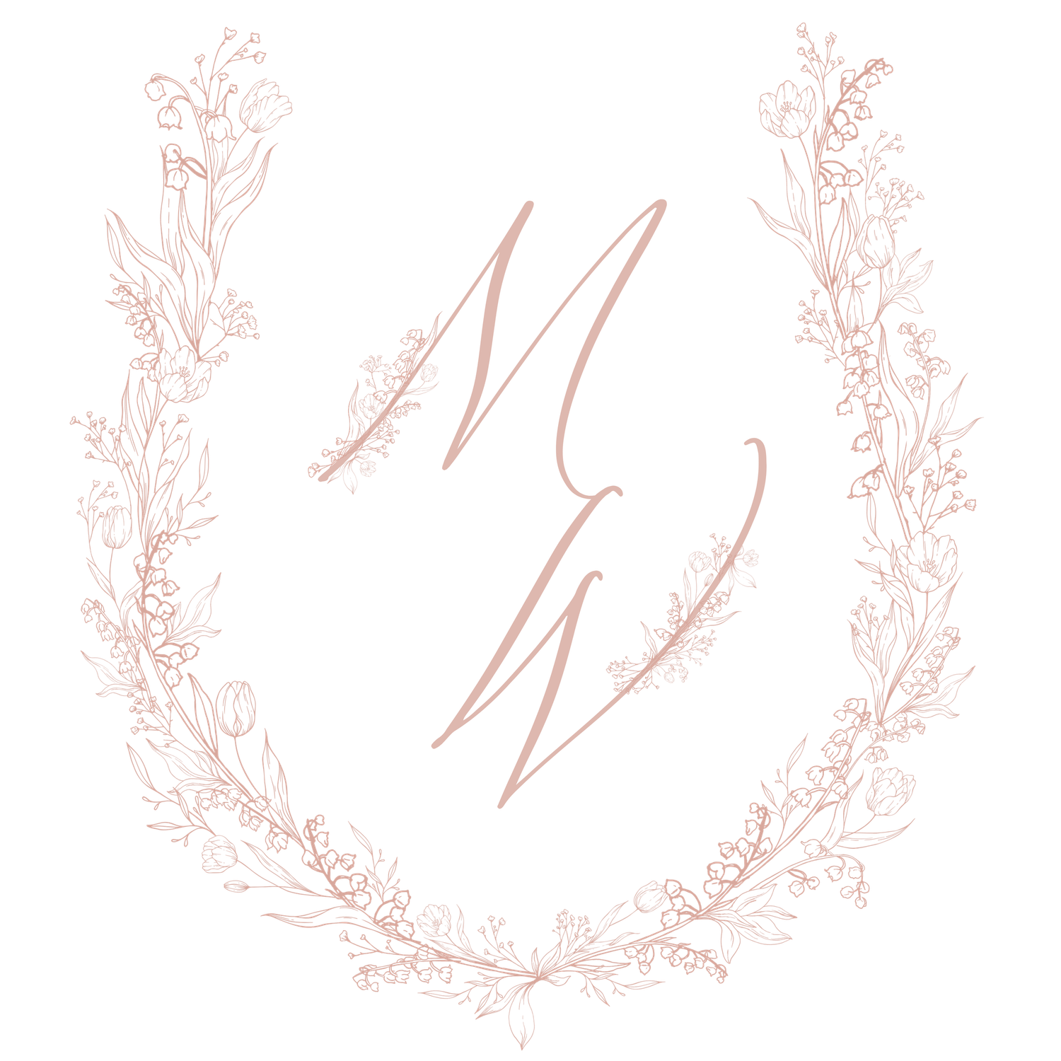 Delicate pink floral wreaths and botanical elements arranged in a decorative pattern.